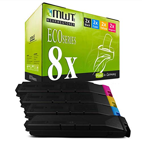 MWT Eco Series Tonerbox mit 8 Patronen in Schwarz, Cyan, Gelb und Magenta davor.