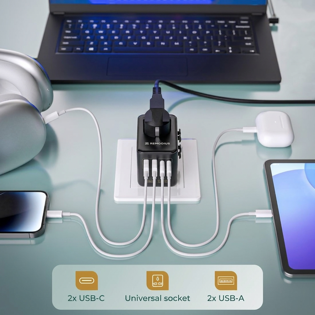 Un adattatore nero è collegato alla presa a muro, caricando vari dispositivi tramite cavi USB.