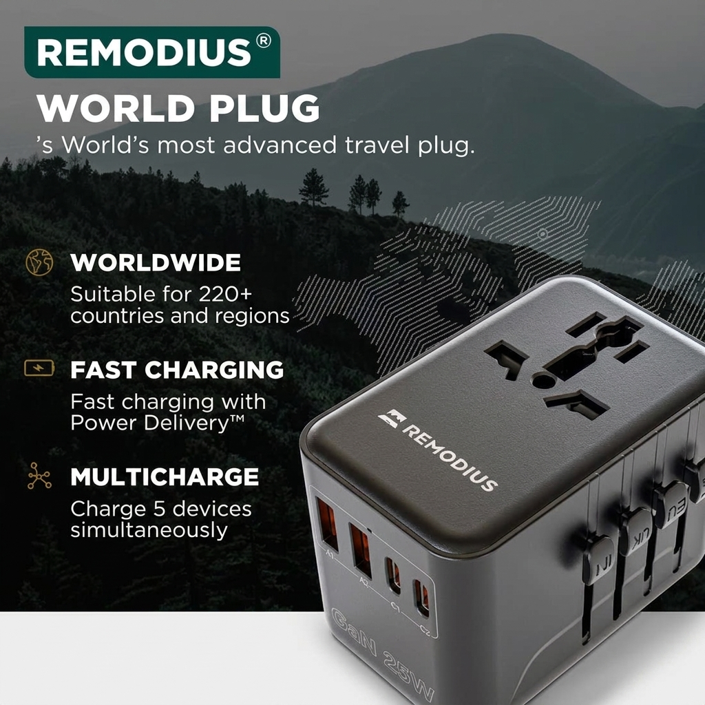 Adattatore da viaggio mondiale Remodius nero con porte USB multiple su sfondo di paesaggio montano.