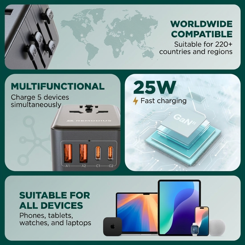Adattatore da viaggio universale con porte USB, compatibilità mondiale e ricarica rapida per tutti i dispositivi.
