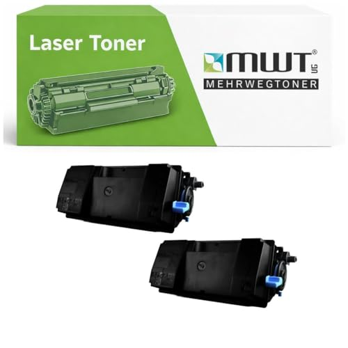 Zwei schwarze Lasertoner-Kartuschen vor einer weißen Produktverpackung mit grünen Akzenten.