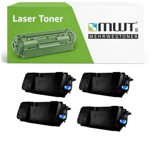 Vier schwarze Lasertoner in einem Paket mit grün-weißem MWT-Logo.