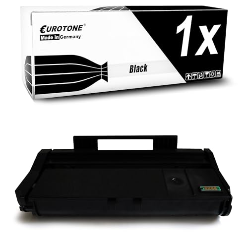 Eine schwarze Tonerkassette und ihre weiße Verpackung mit Aufschrift Eurotone 1x Black.