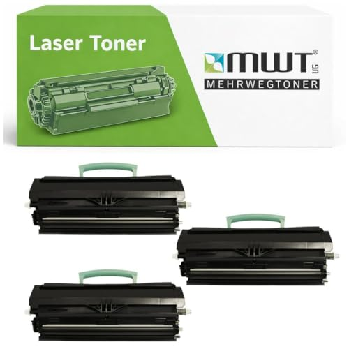 Eine Verpackung für Laser Toner und drei schwarze Lasertoner-Kartuschen.