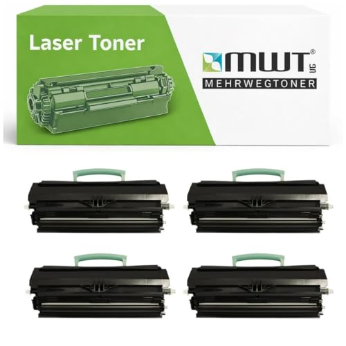 Vier schwarze Laser-Toner-Kassetten vor einer weiß-grünen MWT-Verpackung.