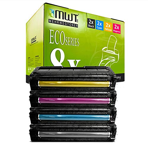 Vier bunte Tonerkartuschen vor einer grünen Eco-Series Verpackungsbox.
