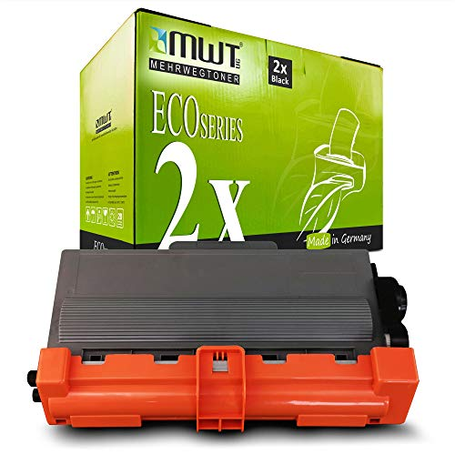 Eine graue und orangefarbene Tonerkassette vor einer grünen MWT Eco Series Produktverpackung.