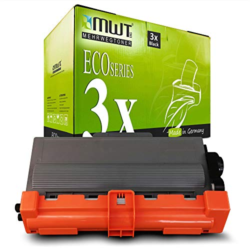 Eine graue Tonerkassette mit orangem Schutz liegt vor einer grünen MWT Eco Series Kartonverpackung.