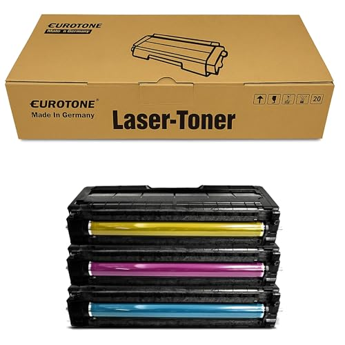 Eine Eurotone Lasertoner Box mit drei bunten Tonerkartuschen darunter.
