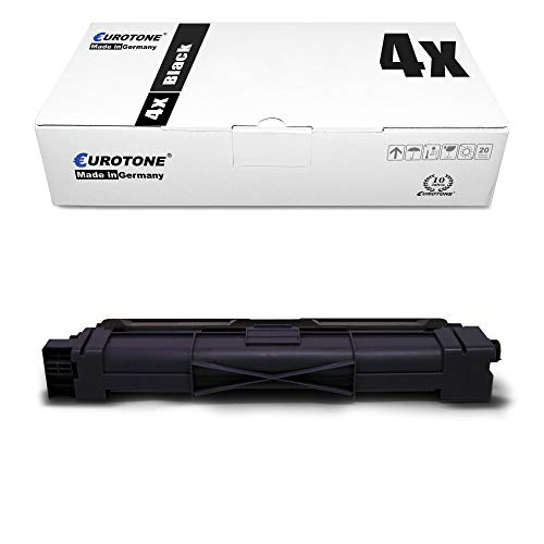 Eine weiße Eurotone-Verpackungsbox für 4 schwarze Tonerkartuschen, darunter eine einzelne schwarze Tonerkartusche.