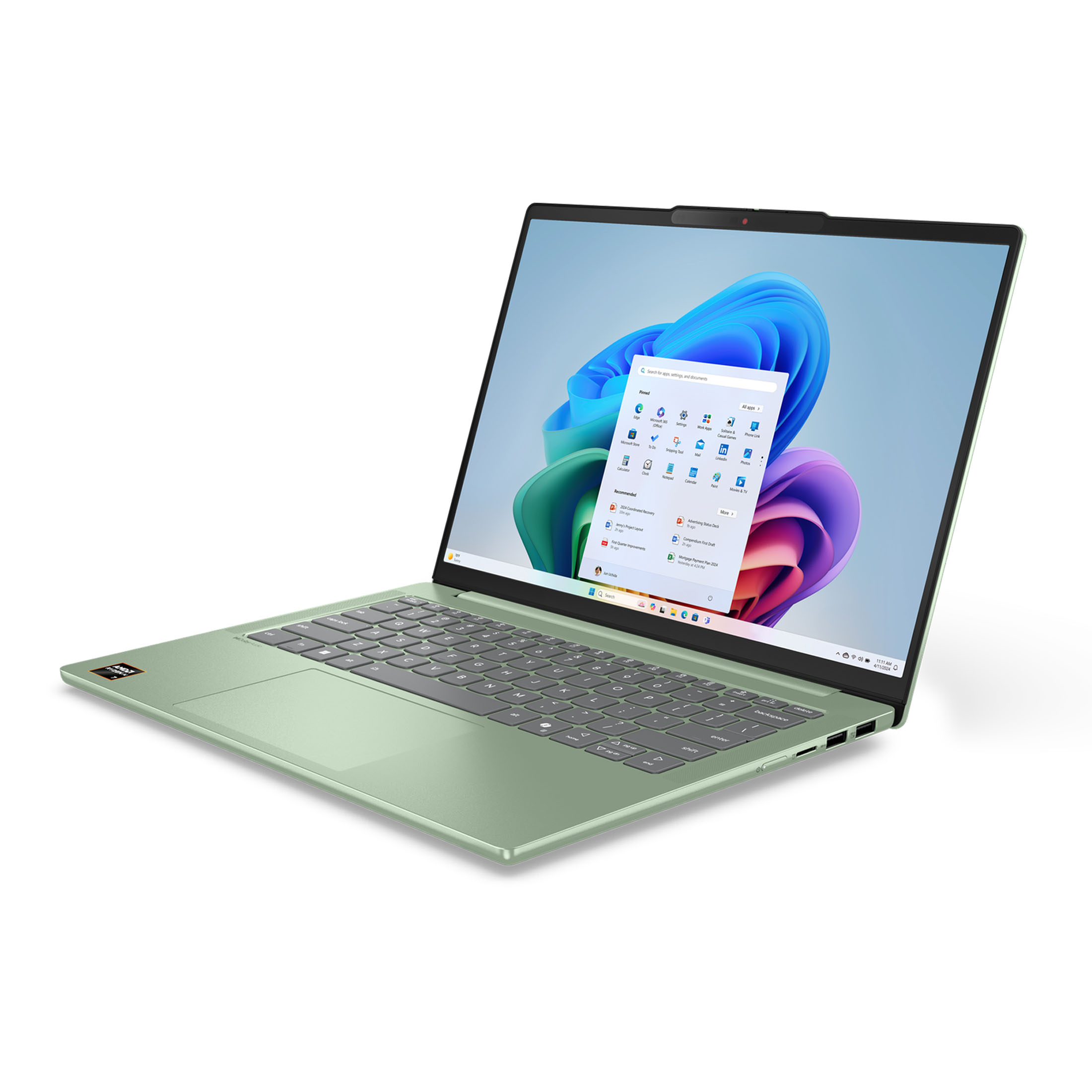 Ein hellgrüner Laptop mit offenem Bildschirm und Windows-Startmenü vor weißem Hintergrund.