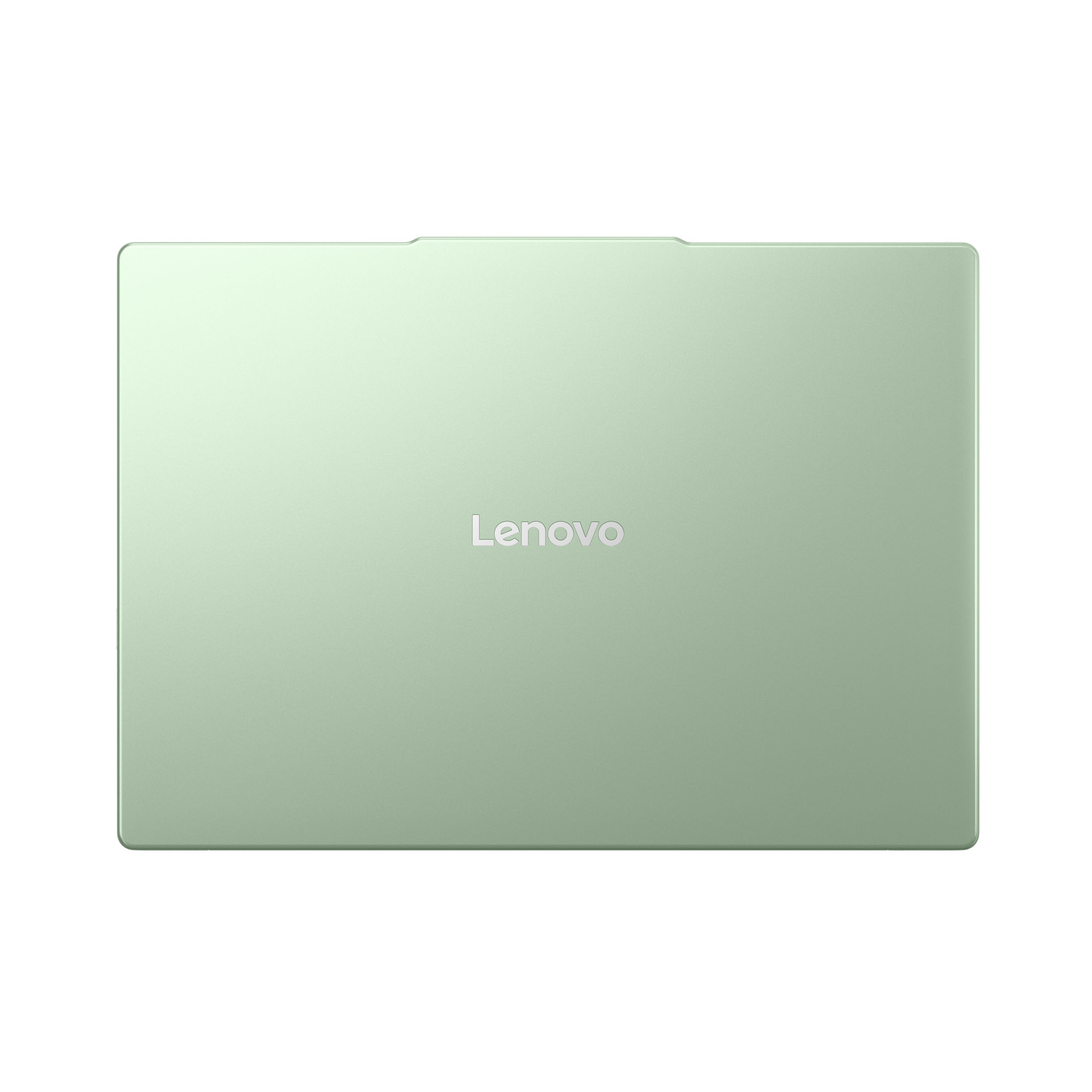 Ansicht von oben auf einen geschlossenen, hellgrünen Lenovo-Laptop vor weißem Hintergrund.