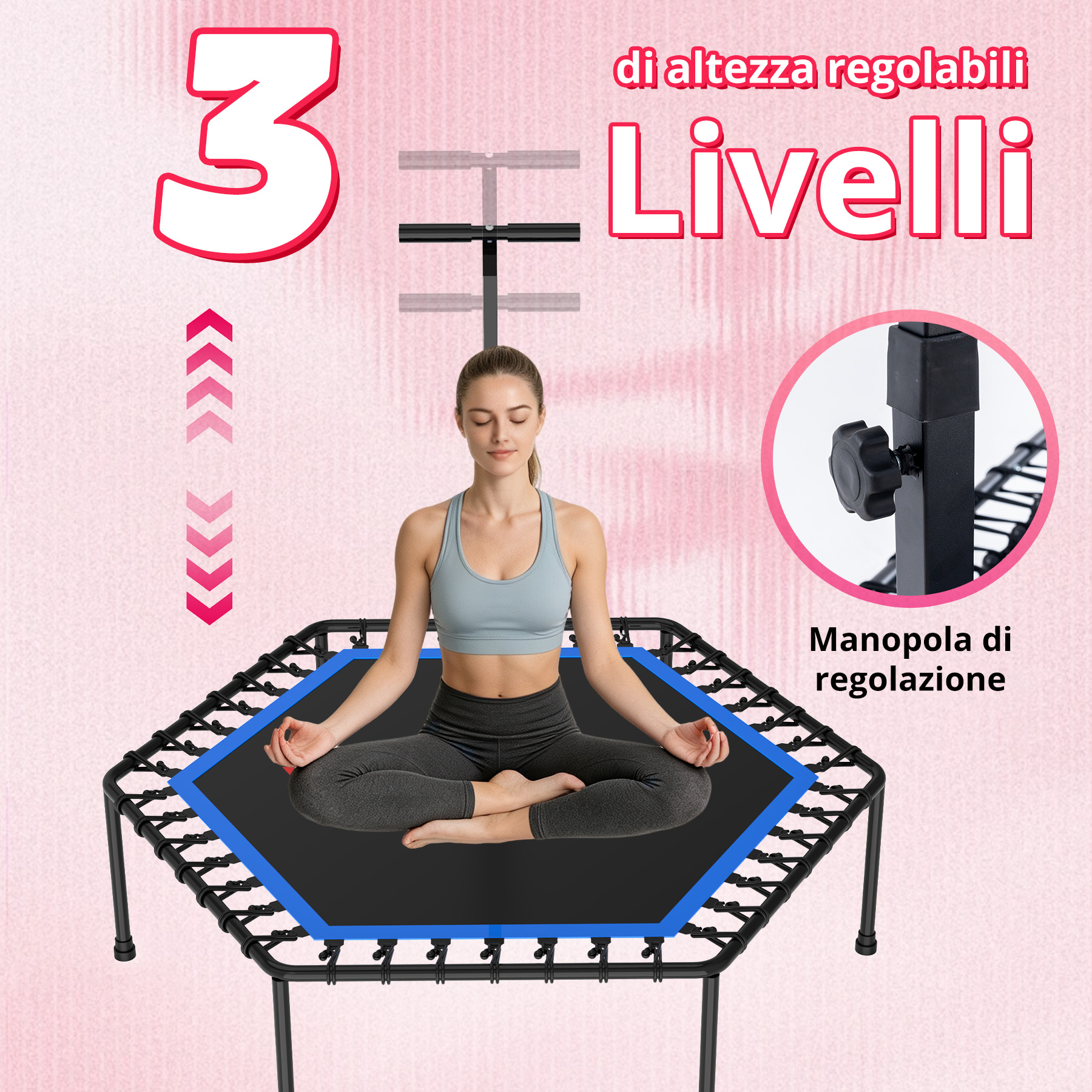 Una donna medita su un trampolino con livelli di altezza regolabili e ingrandimento.