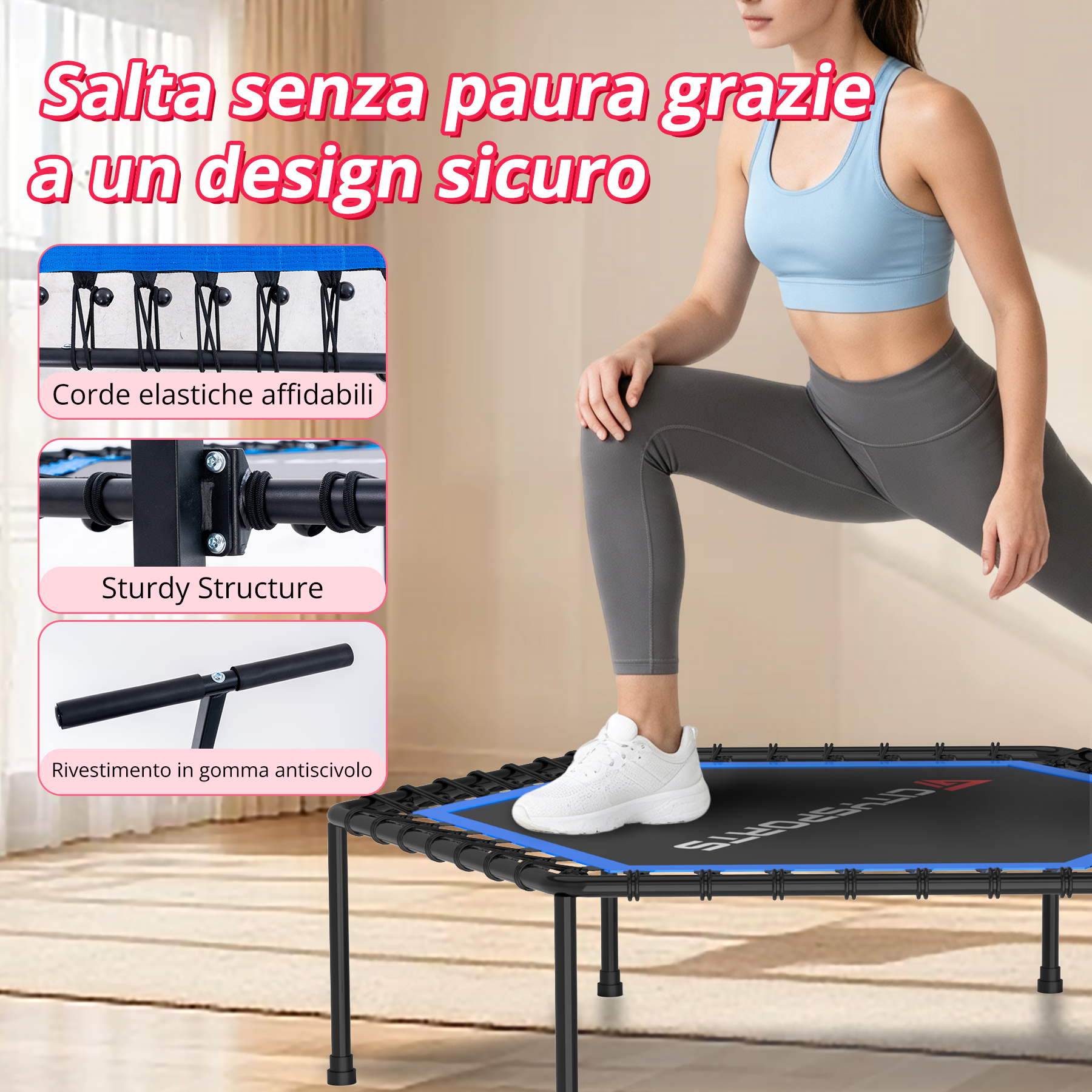 Un'atleta si allena su un mini trampolino, con immagini di dettaglio di corde elastiche, struttura e impugnatura.
