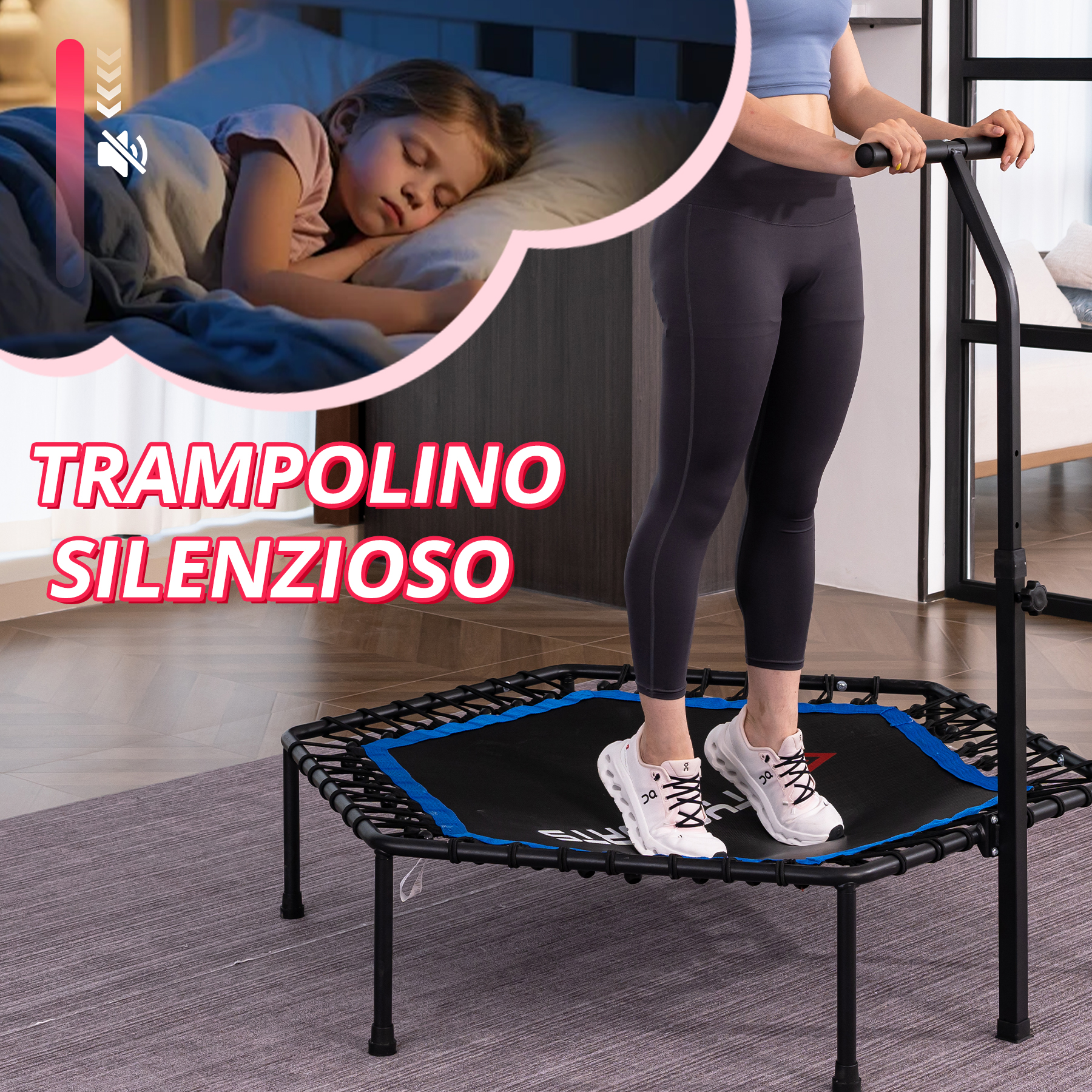 Una donna usa un tappeto elastico silenzioso mentre un bambino dorme.