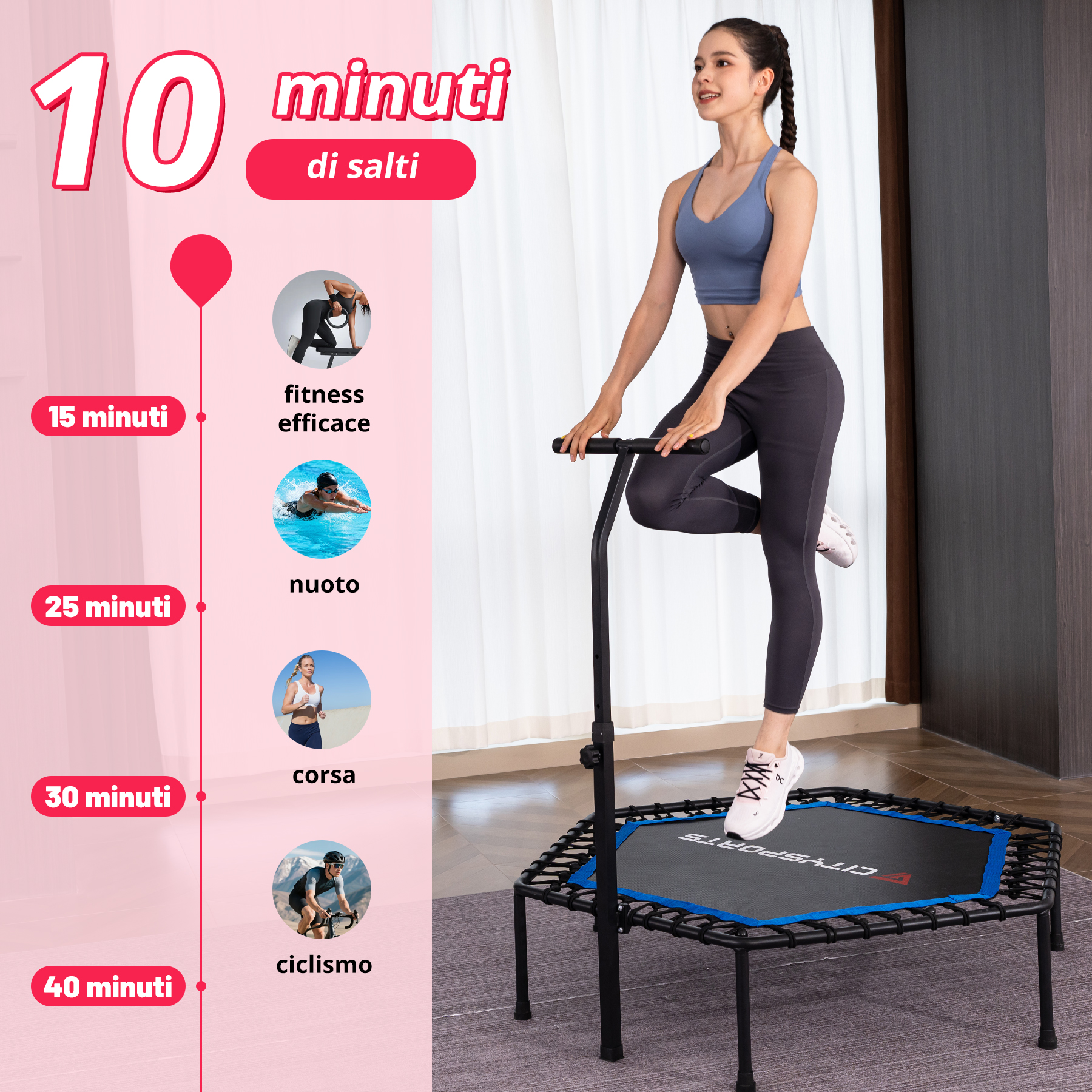 Una donna in abbigliamento sportivo usa un mini trampolino con manubrio. A sinistra, una linea temporale mostra vari sport.
