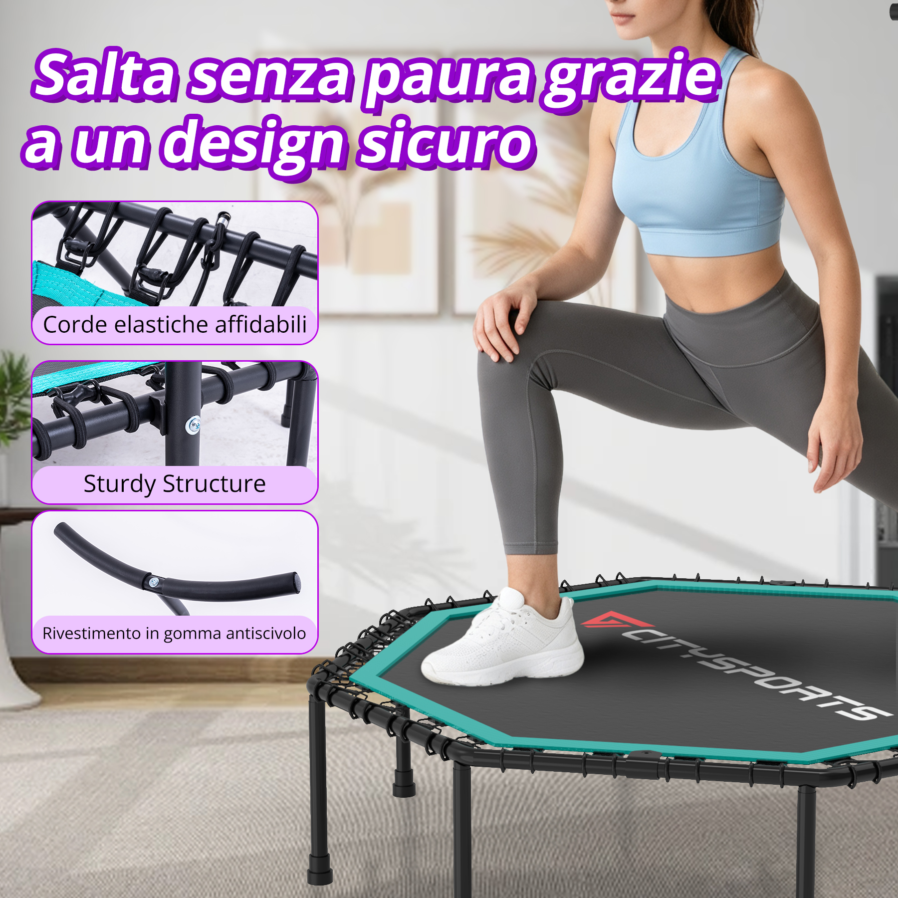 Donna su un trampolino Citysports con dettagli su corde elastiche, struttura robusta e piedini in gomma antiscivolo.