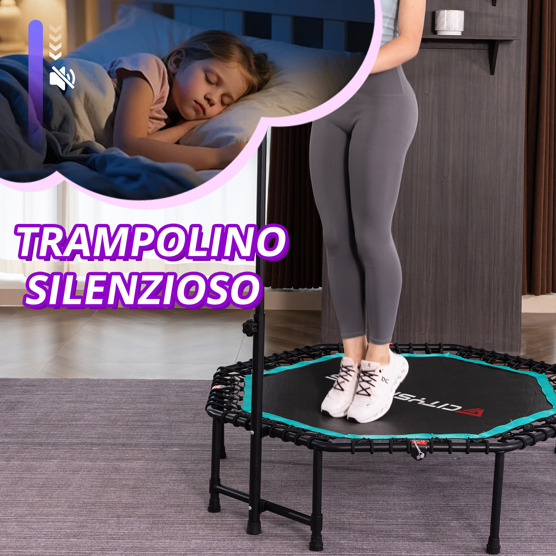 Una donna in leggings grigi salta silenziosamente su un mini trampolino mentre un bambino dorme.