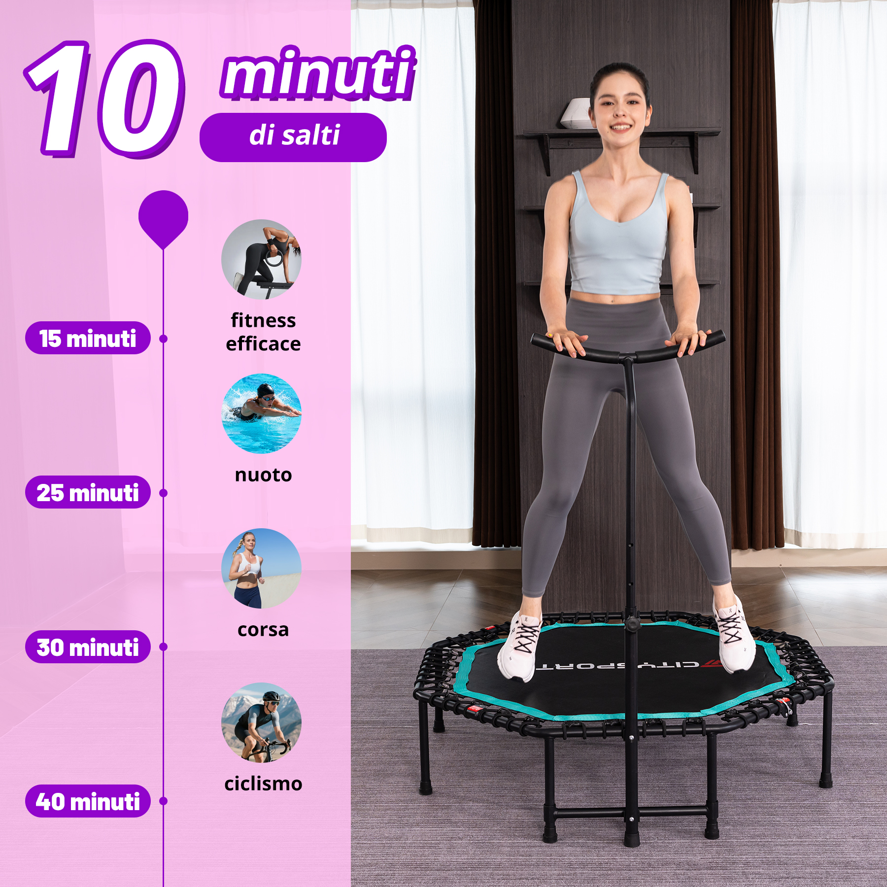 Una donna sorridente salta su un mini trampolino in una palestra.