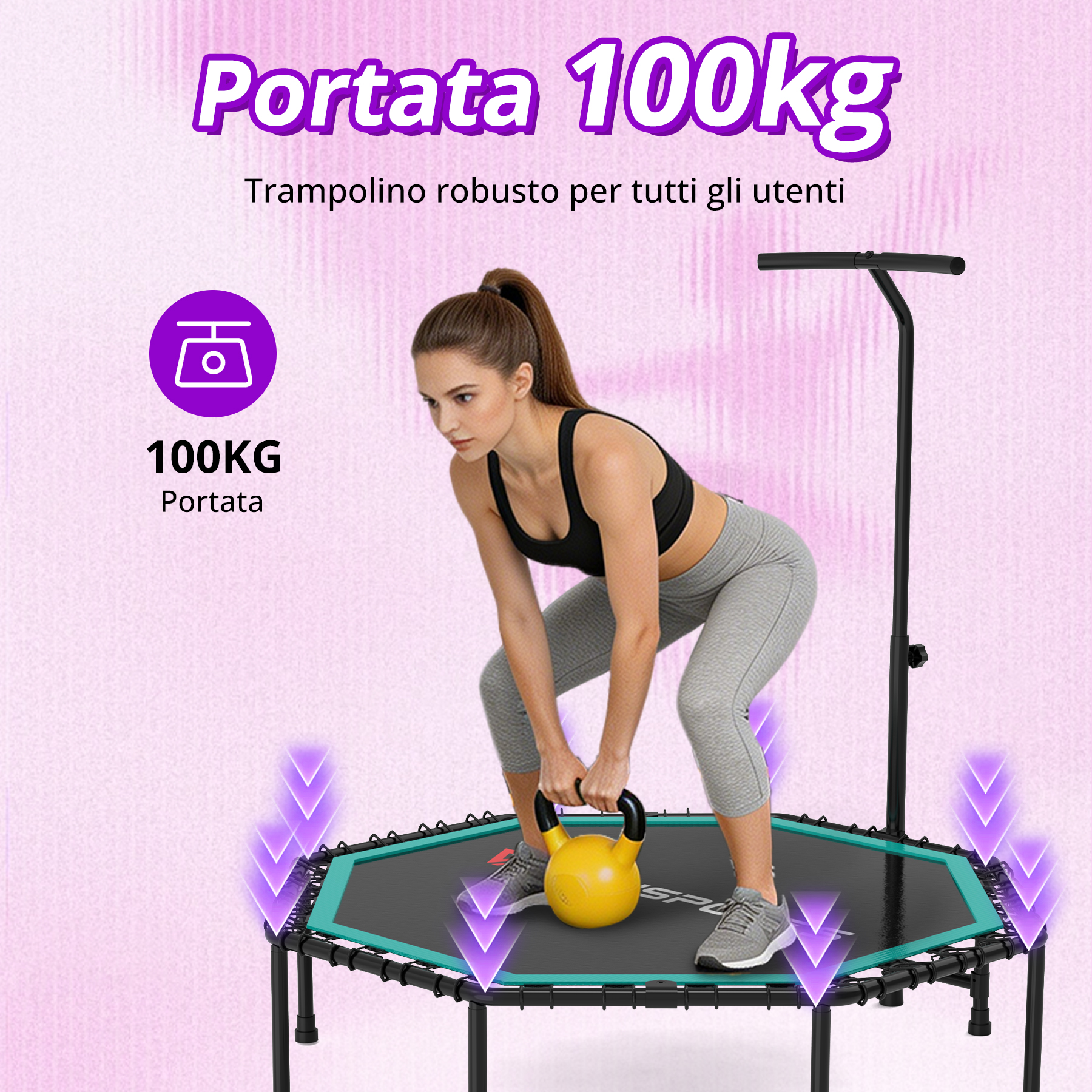 Una donna in abbigliamento sportivo fa squat con un kettlebell giallo su un trampolino.