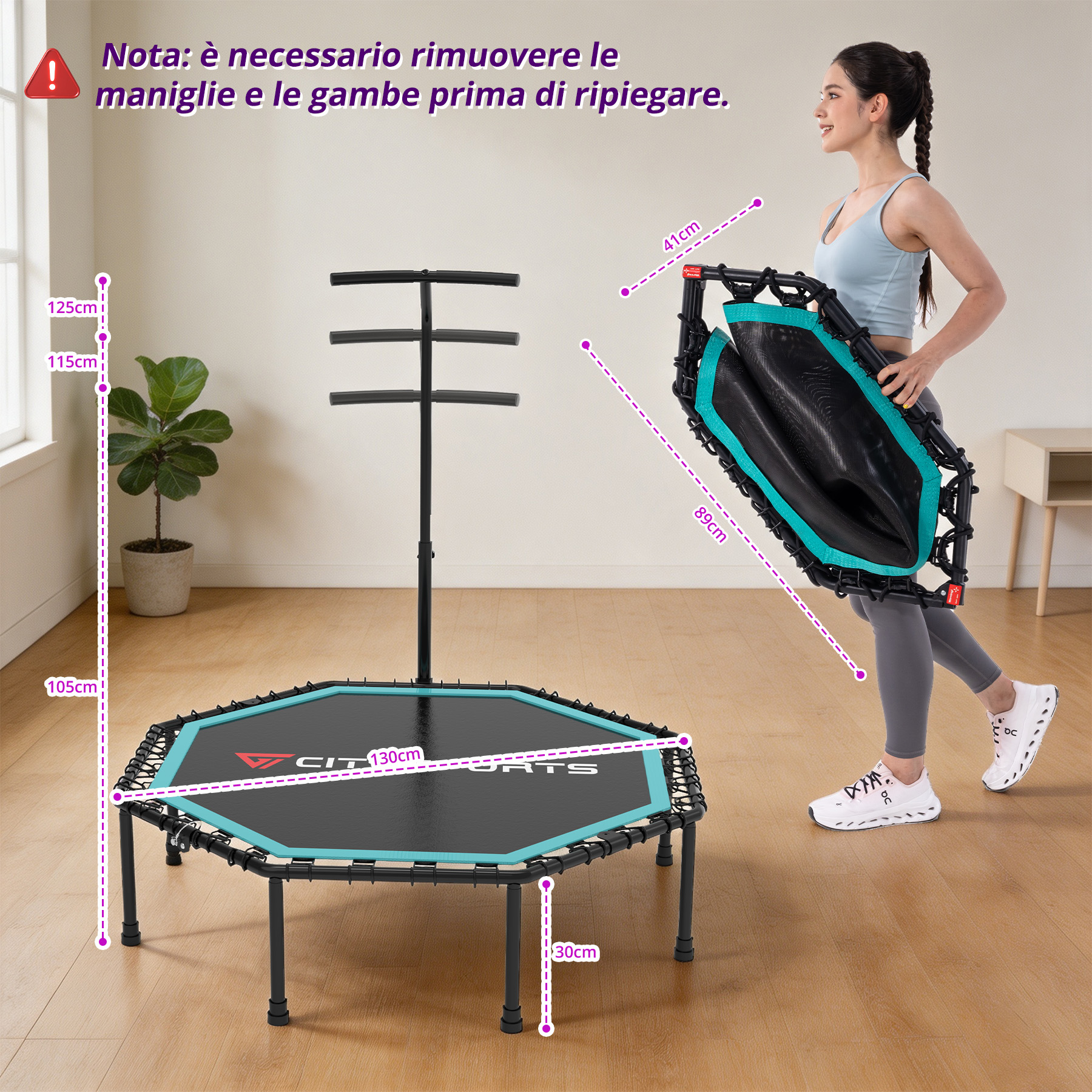 Una donna tiene un trampolino fitness piegato accanto a uno assemblato con indicatori di dimensioni in una stanza.