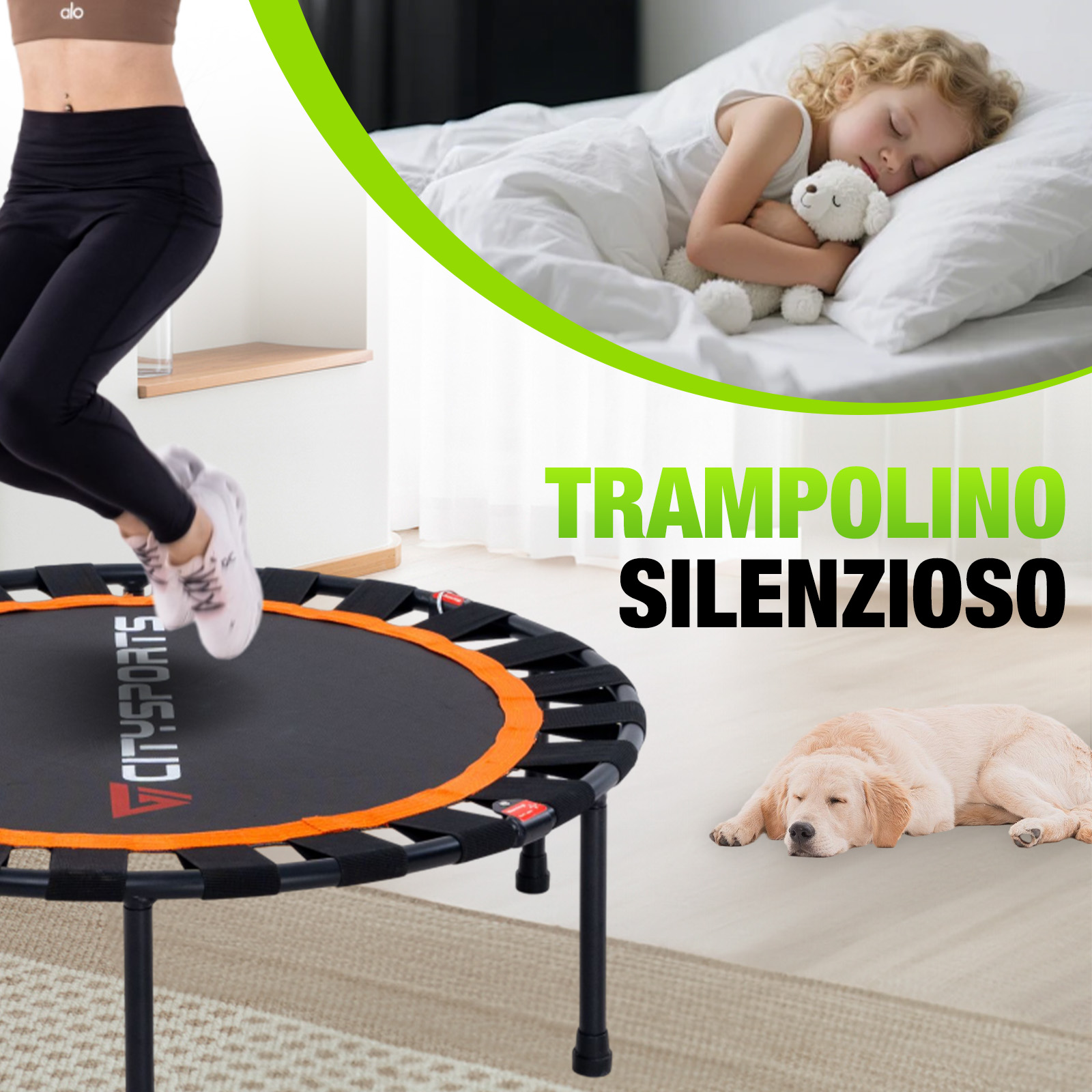 Una persona salta su un mini trampolino mentre un bambino dorme nel letto e un cane riposa sul pavimento.