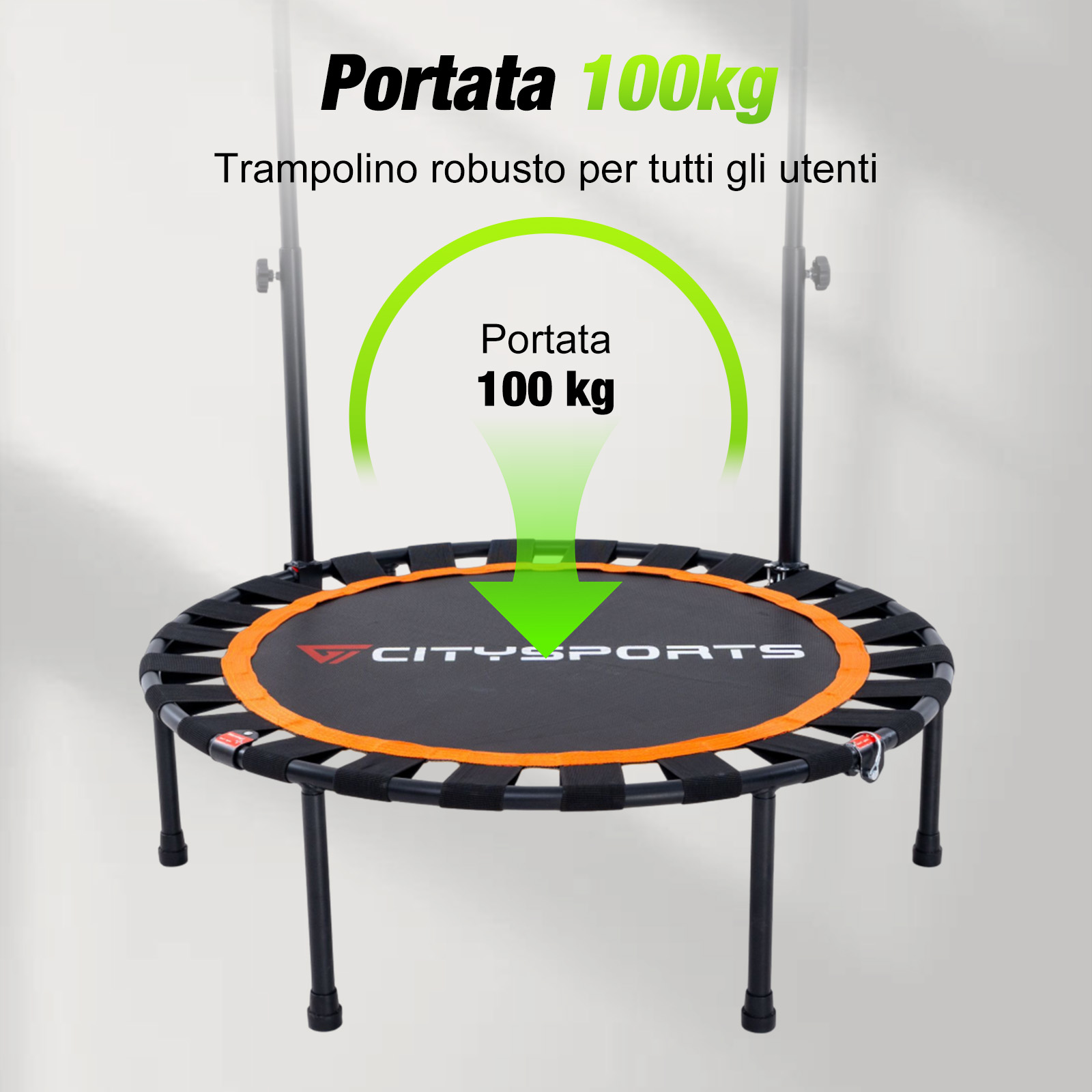Un trampolino fitness nero con bordo arancione e portata di 100 kg.