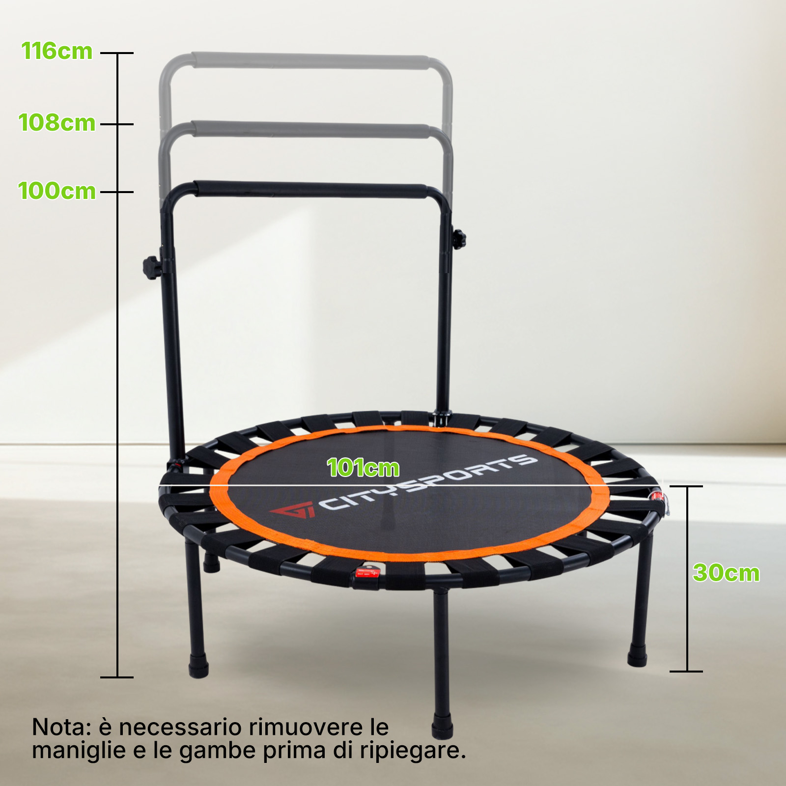 Un mini tappeto elastico nero con bordo arancione, manubrio regolabile ed etichette di dimensioni.