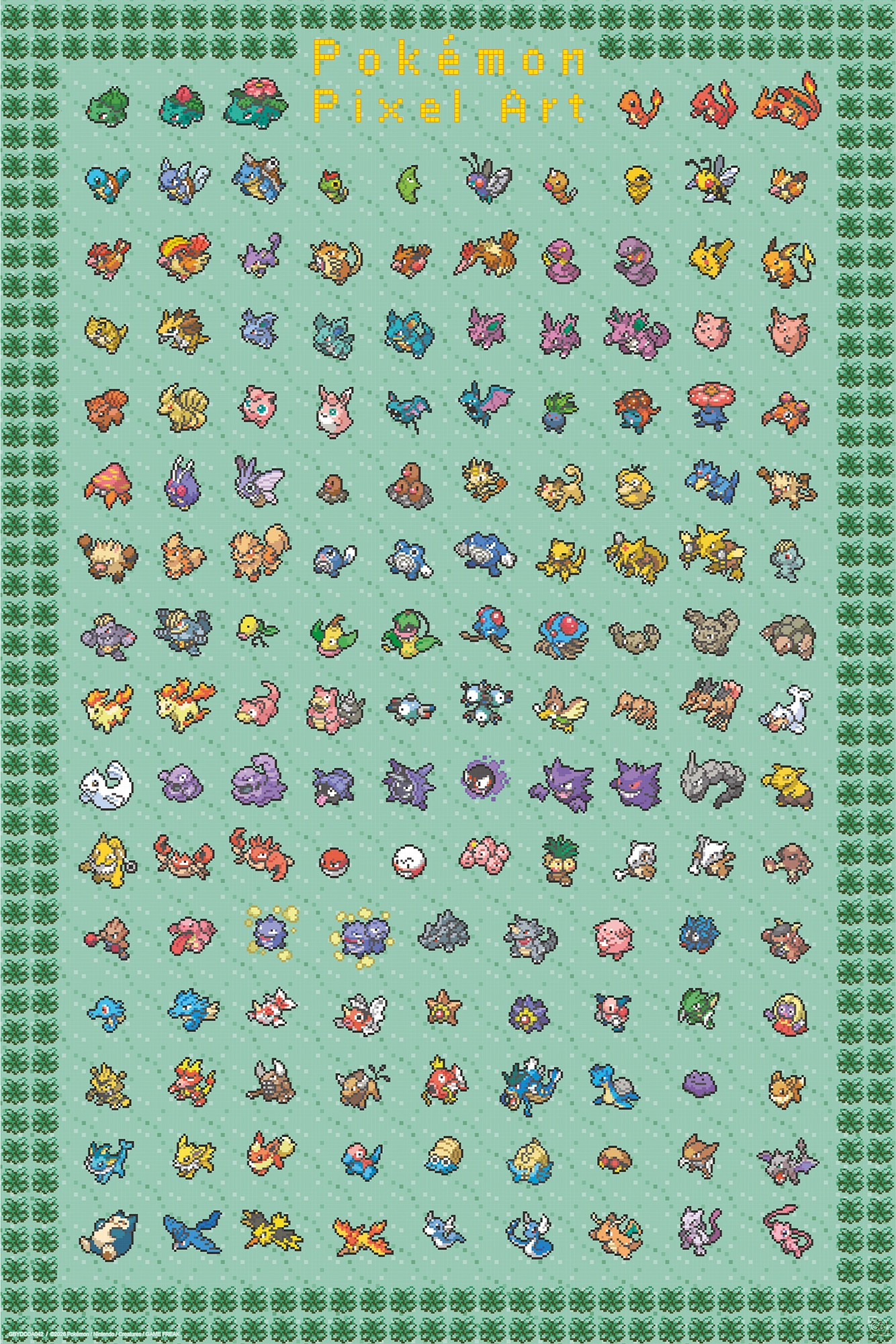 Ein Poster mit grünem Hintergrund zeigt viele verschiedene Pokémon in retro-Pixel-Art angeordnet.