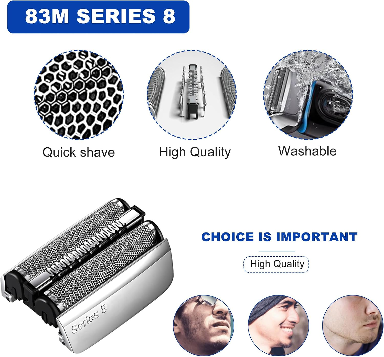 Produktwerbung für den Rasierkopf 83M Series 8 mit Merkmalen wie schnelles Rasieren, hohe Qualität und Wascharbarkeit.