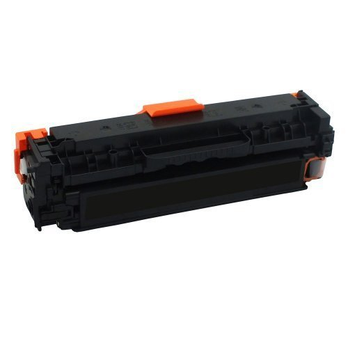 Schwarze Lasertoner-Kartusche mit orangefarbenen Schutzteilen auf weißem Hintergrund.