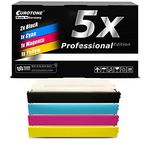 Eurotone Druckerpatronen-Set in Schwarz, Cyan, Magenta und Gelb vor einer schwarzen Verpackung.