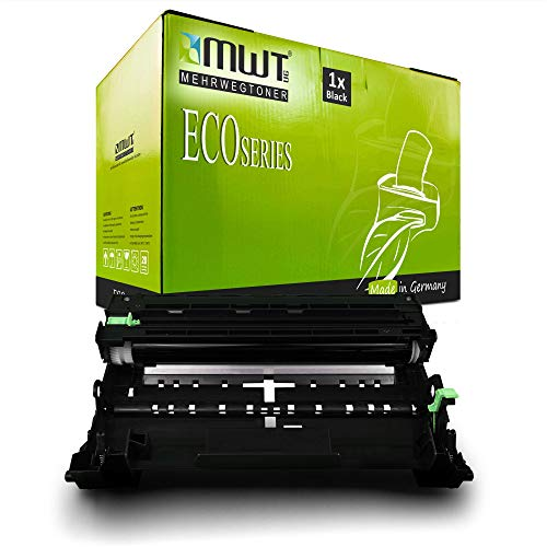 Ein schwarzer Druckertoner liegt vor einer grünen MWT Eco Series Kartonverpackung.