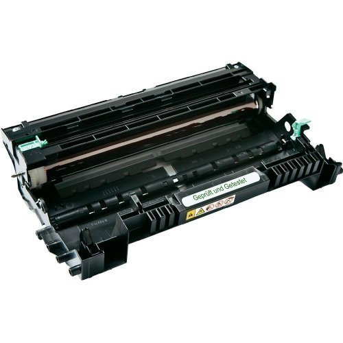 Schwarze Trommeleinheit für Laserdrucker mit Rollen und Aufklebern.