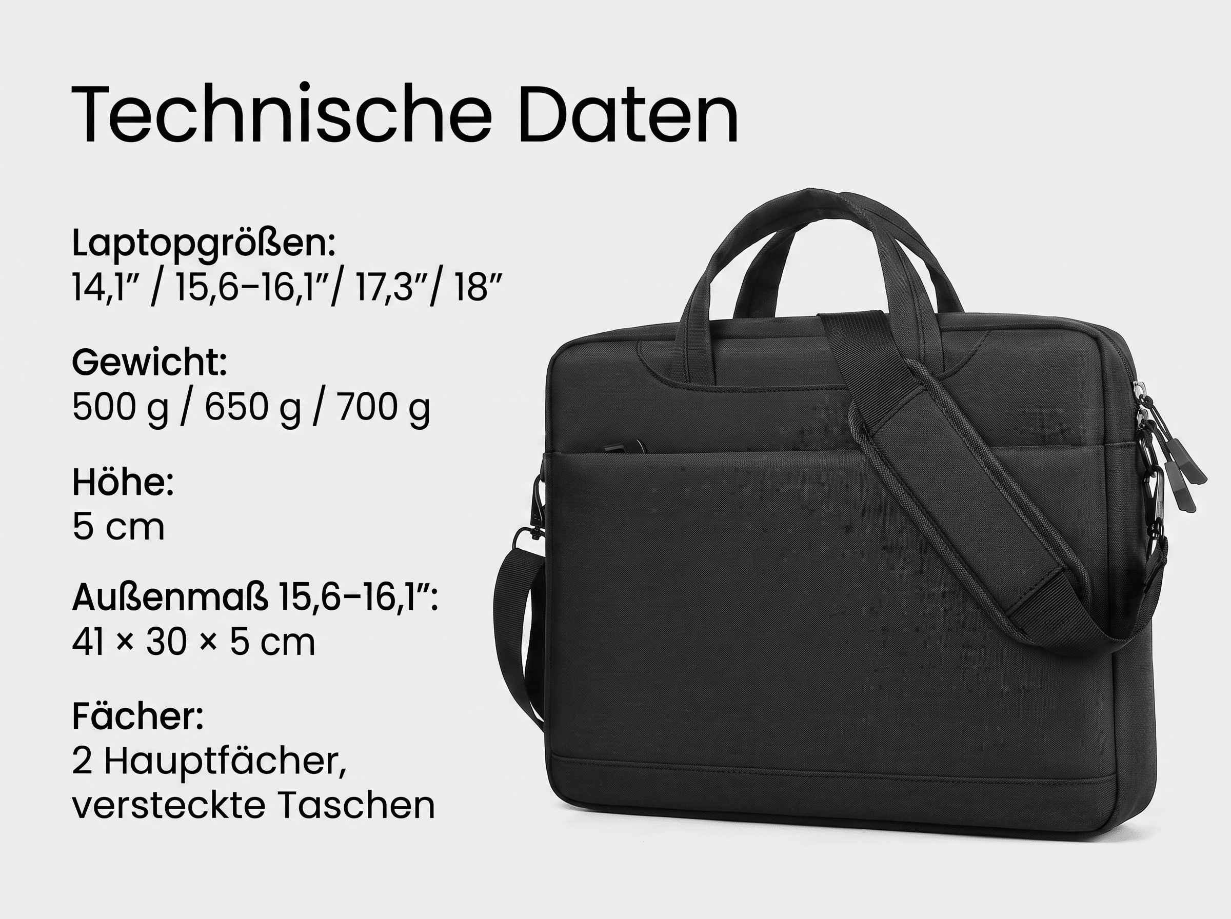 Eine schwarze Laptoptasche mit technischen Daten auf der linken Seite vor hellgrauem Hintergrund.