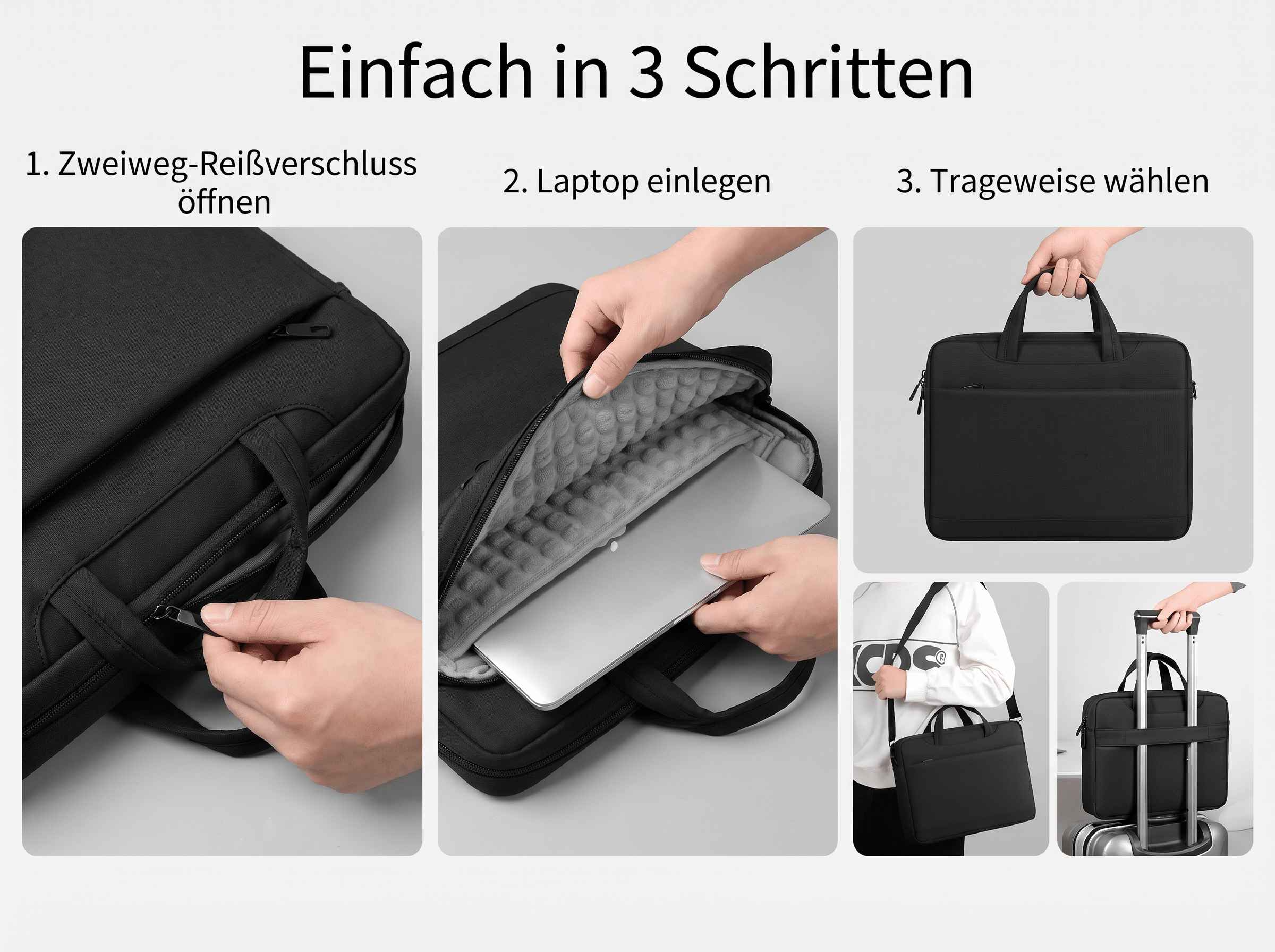 Anleitung in drei Schritten zum Öffnen, Einlegen eines Laptops und Wählen der Trageweise für eine Laptoptasche.