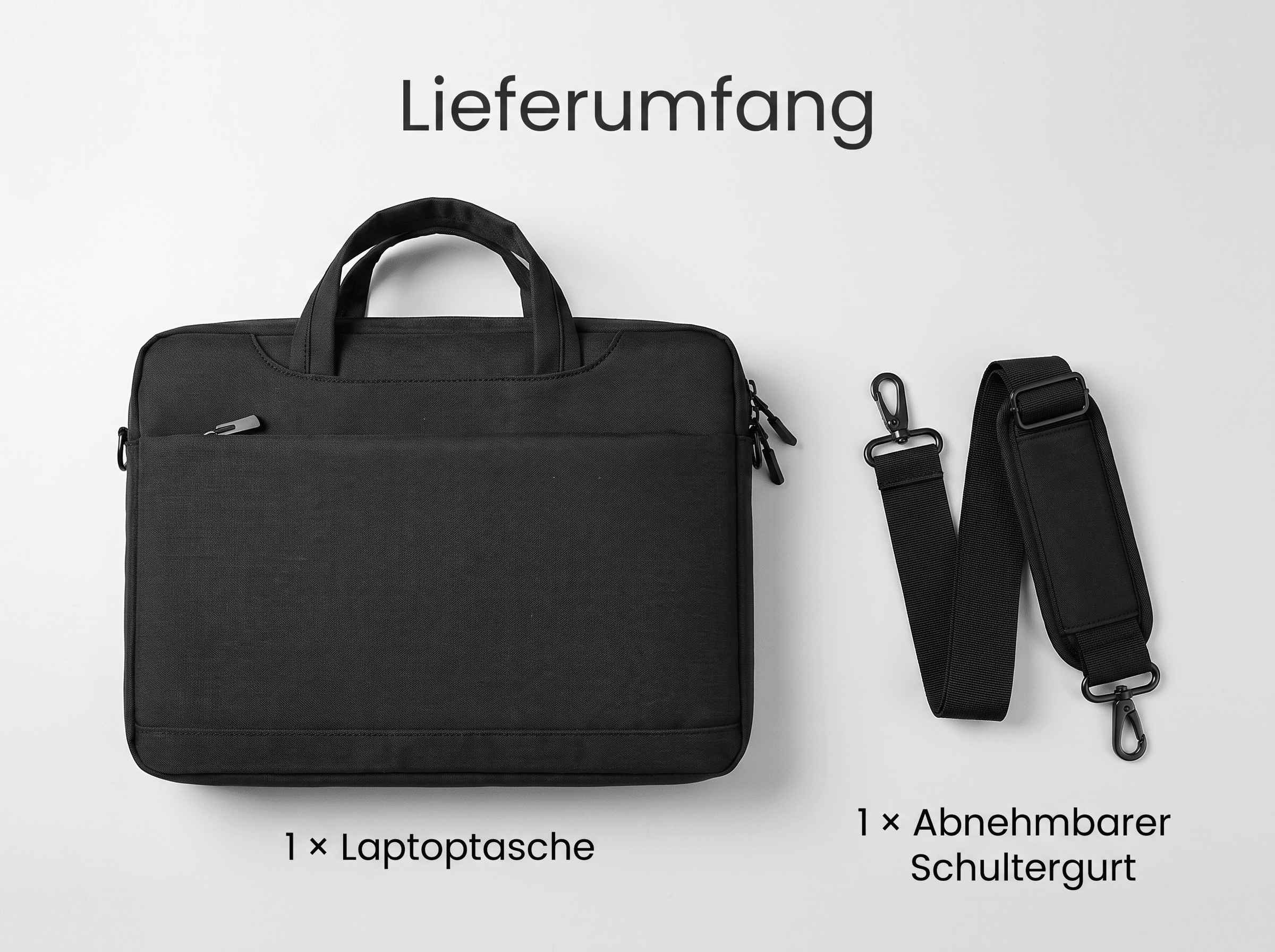 Eine schwarze Laptoptasche mit Henkeln und ein separater schwarzer Schultergurt auf hellgrauem Grund.