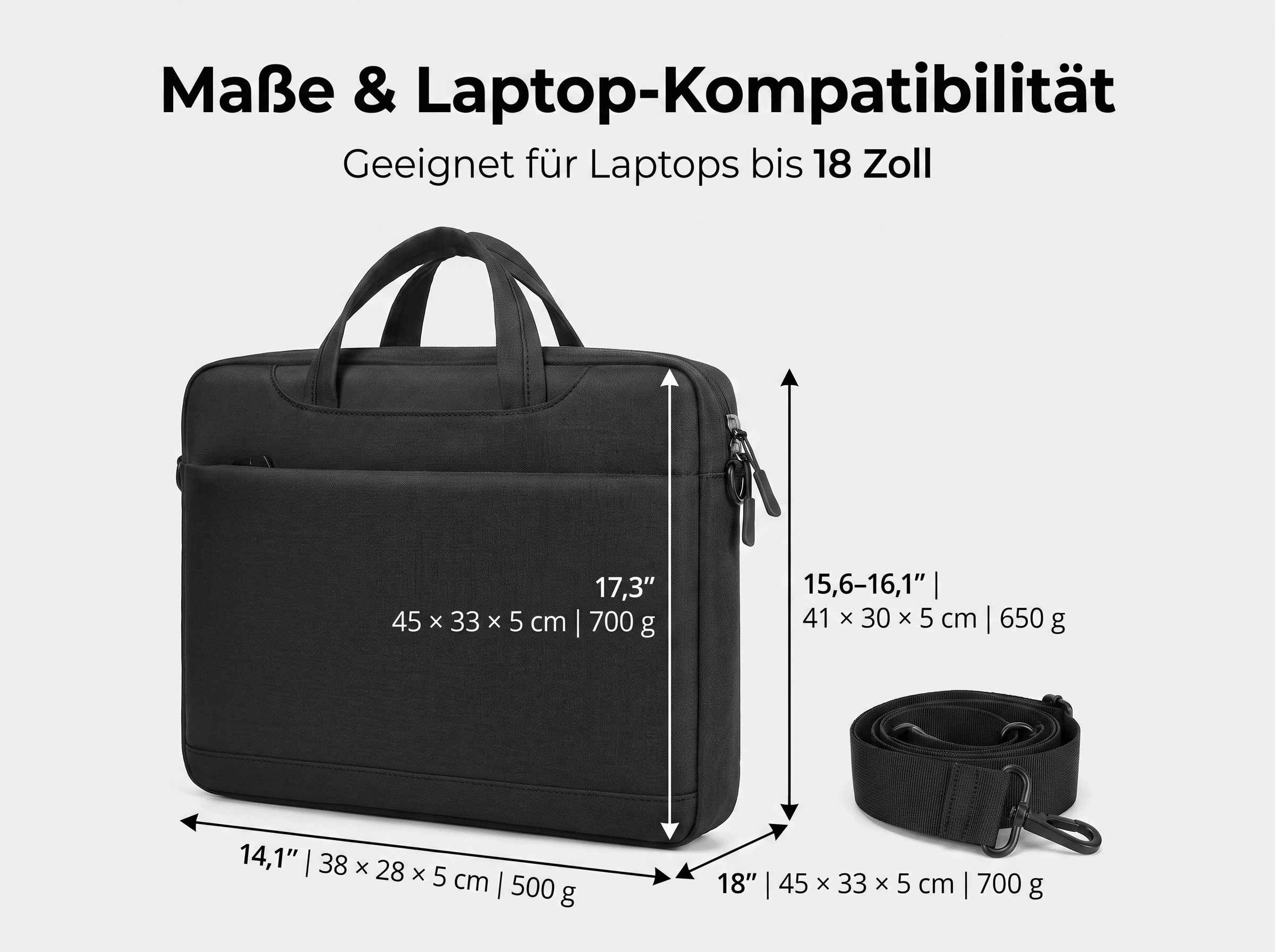 Schwarze Laptoptasche mit Maßen für verschiedene Größen von 14,1 bis 18 Zoll und separatem Schultergurt.