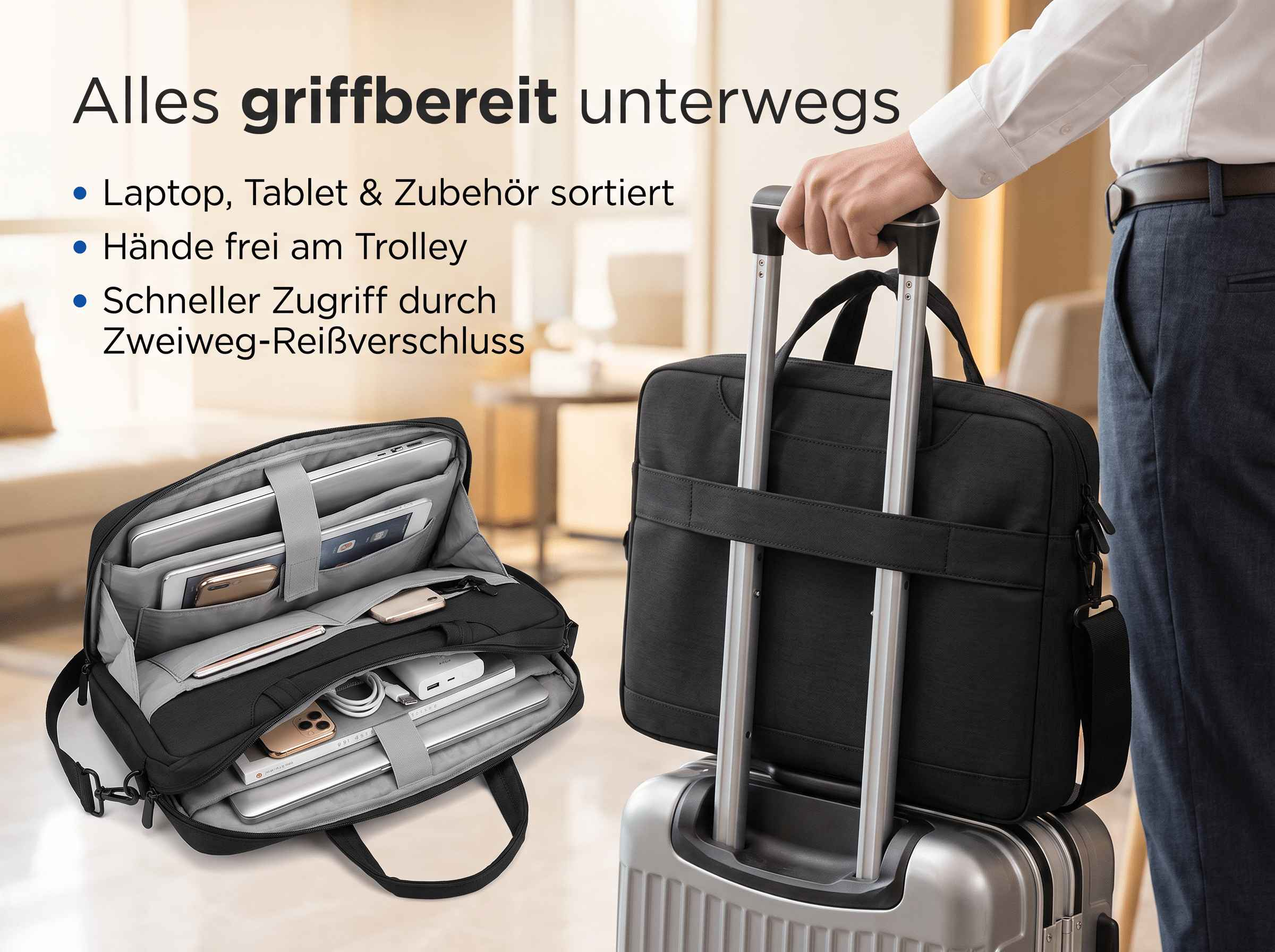 Schwarze Laptoptasche mit vielen Fächern auf einem Trolley, links offen mit Zubehör, rechts geschlossen.