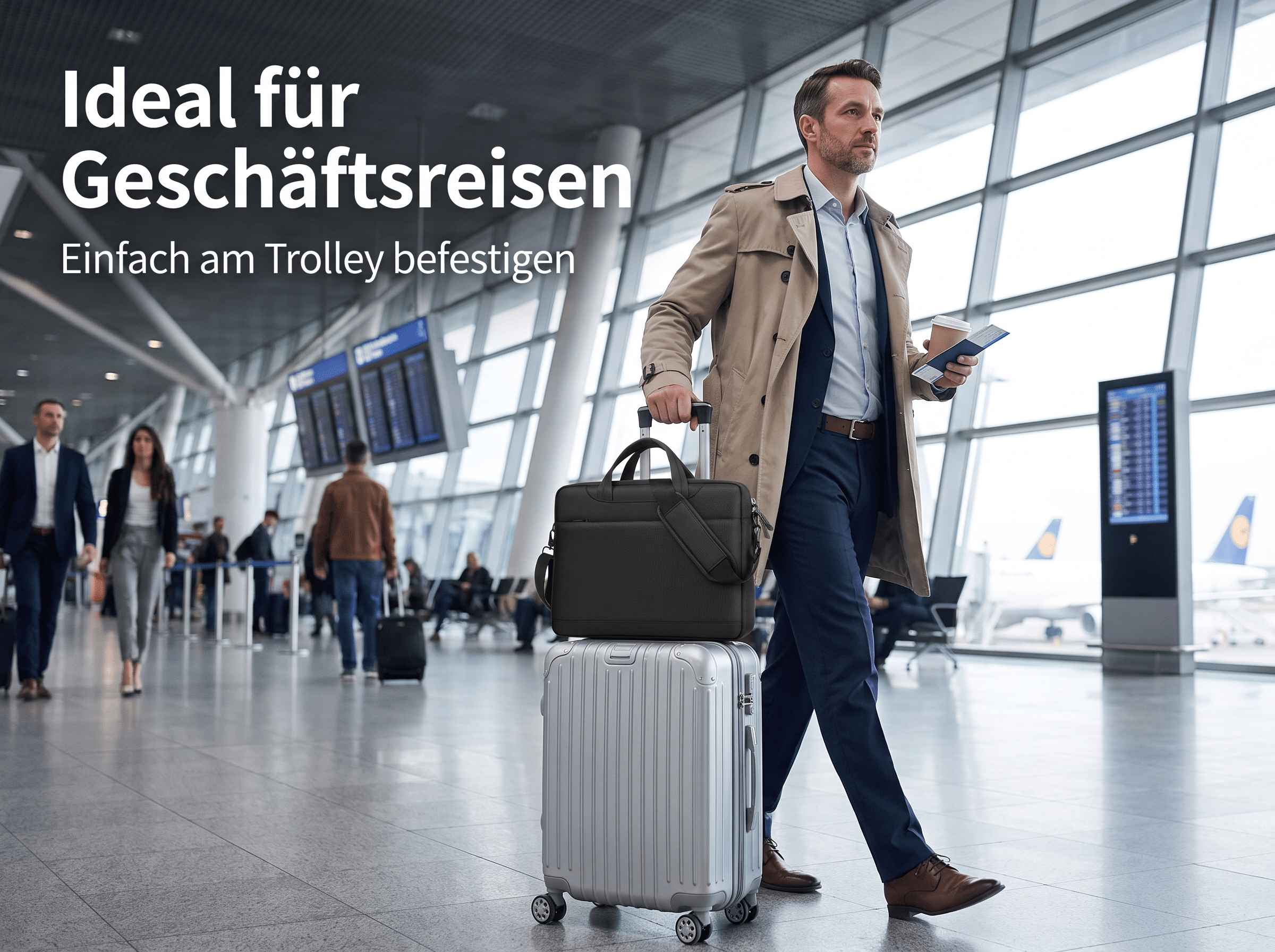 Ein Geschäftsmann zieht einen Trolley mit einer aufgesetzten schwarzen Tasche durch ein helles Flughafenterminal.