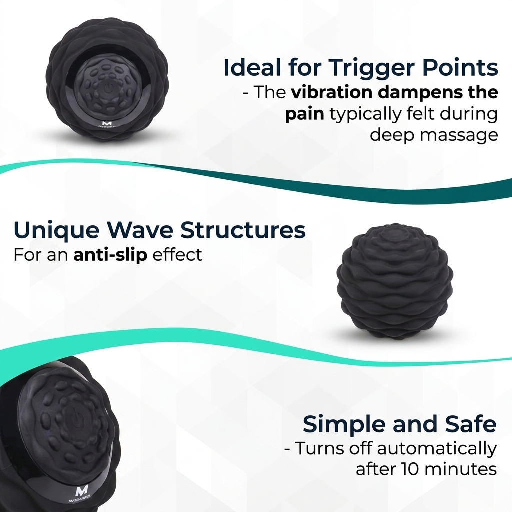 Bannière produit montre une boule de massage noire texturée avec des explications de caractéristiques.