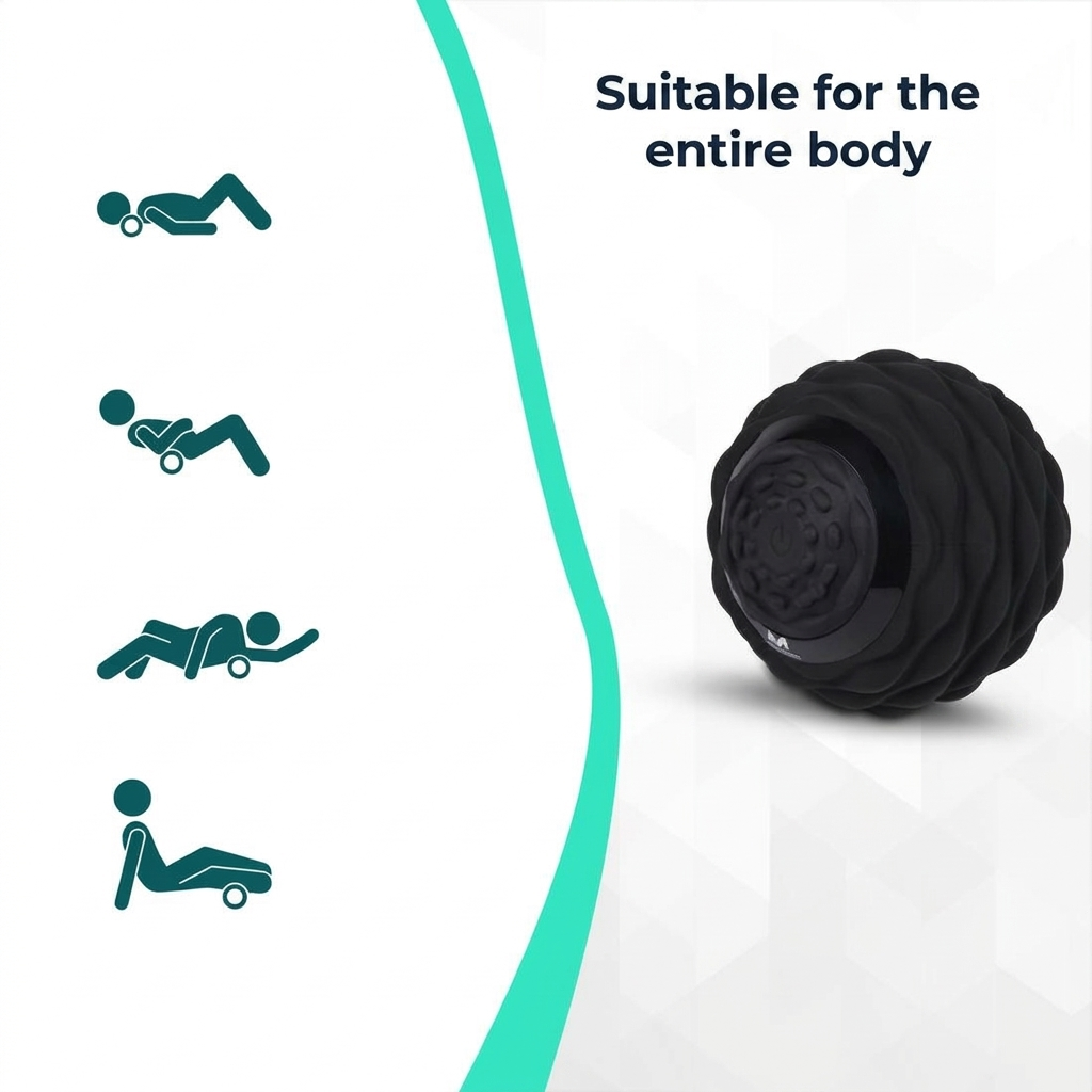Une balle de massage noire à droite avec quatre icônes à gauche pour divers usages corporels et du texte en haut.