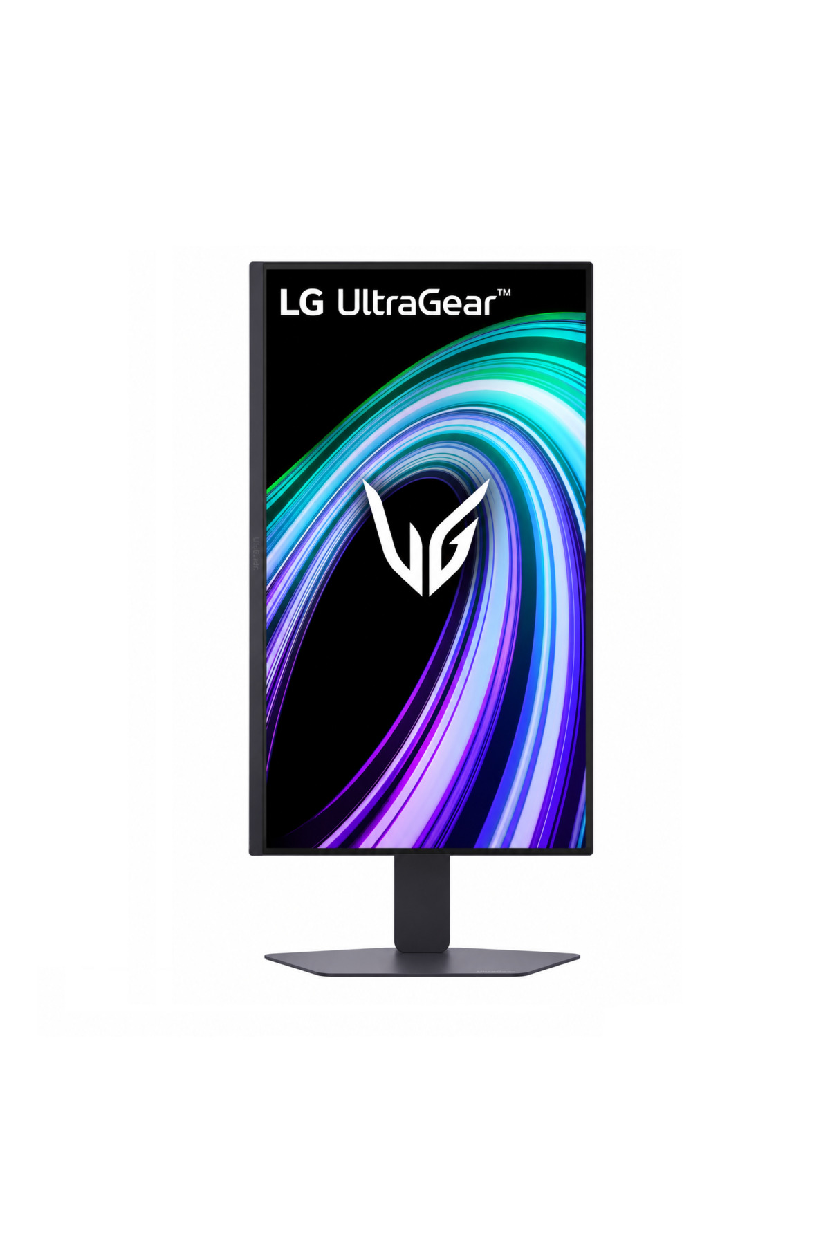 Ekranında soyut renkli çizgiler ve sağlam siyah bir stand tabanı bulunan dikey moddaki LG UltraGear monitör.