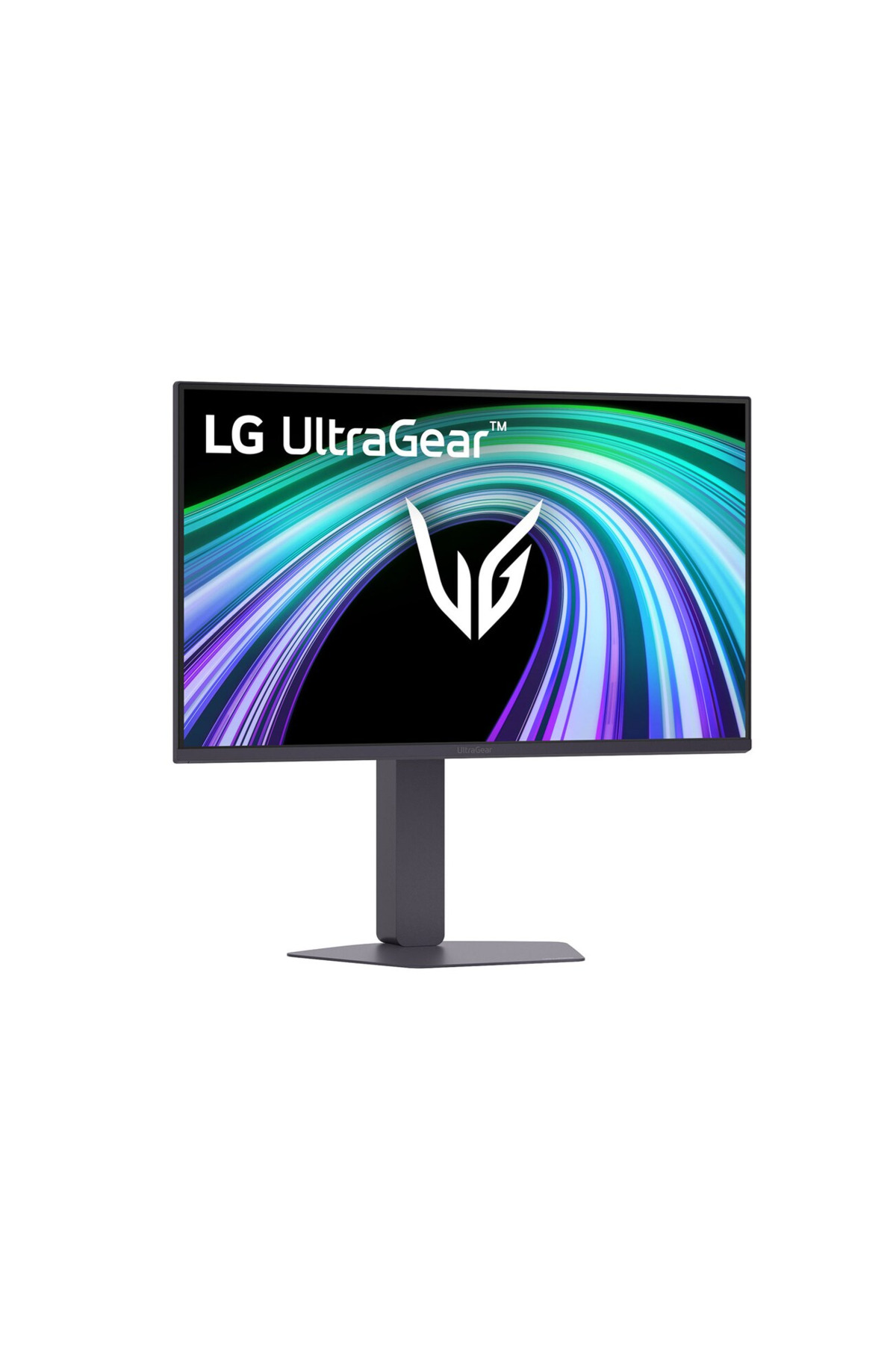 Koyu renkli ayak üzerinde dönen mavi ve mor soyut duvar kağıdı gösteren bir LG UltraGear monitör.