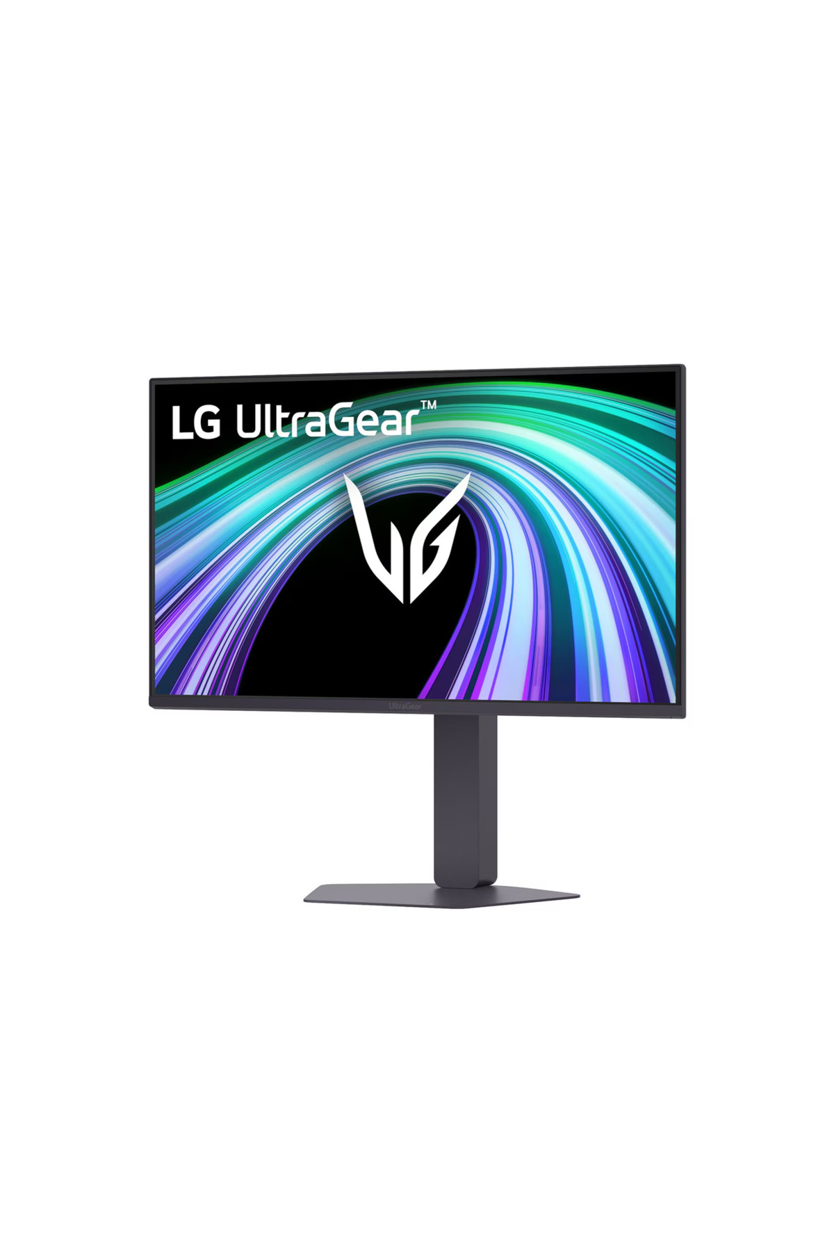 Siyah zemin üzerinde yeşil ve mor dalga grafikleri gösteren ayaklı siyah LG UltraGear monitör.
