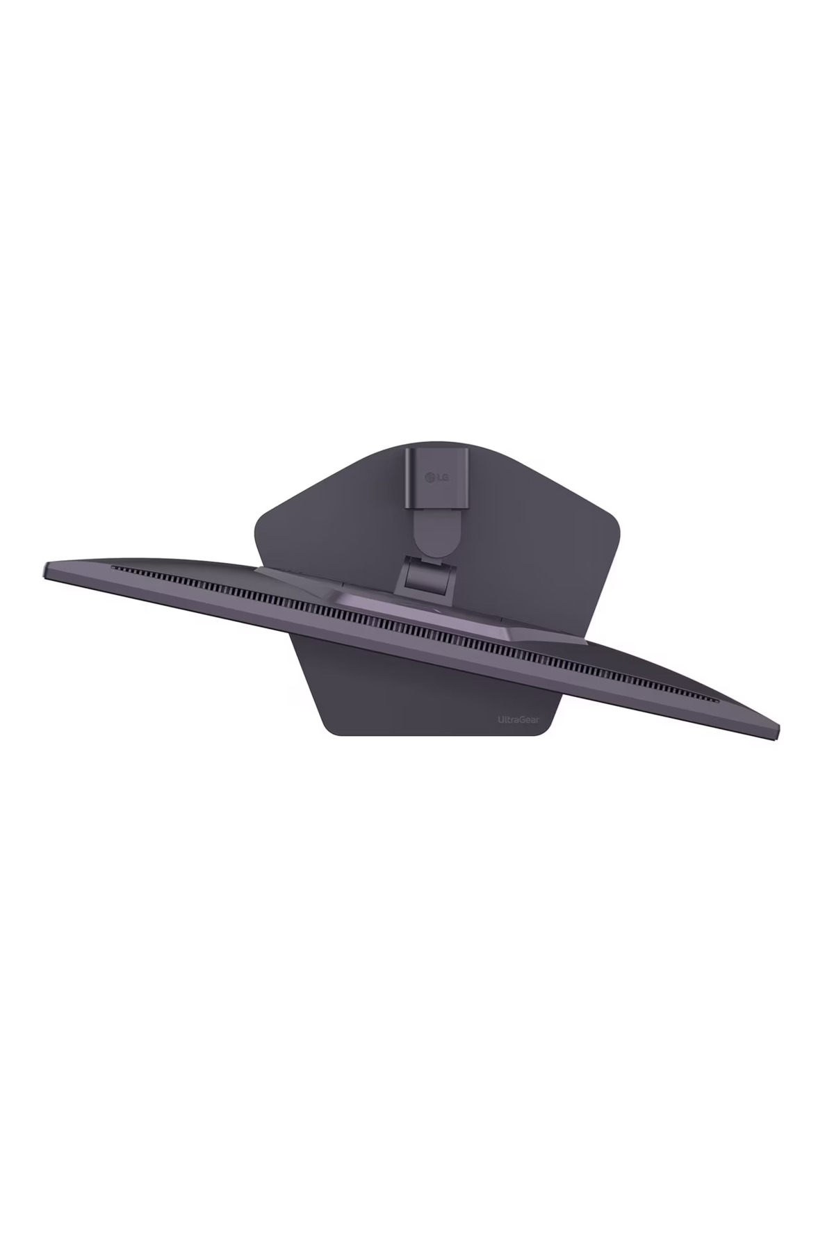 Beyaz arka planda siyah LG UltraGear monitörün arka görünümü, ergonomik standı ve havalandırma delikleriyle.