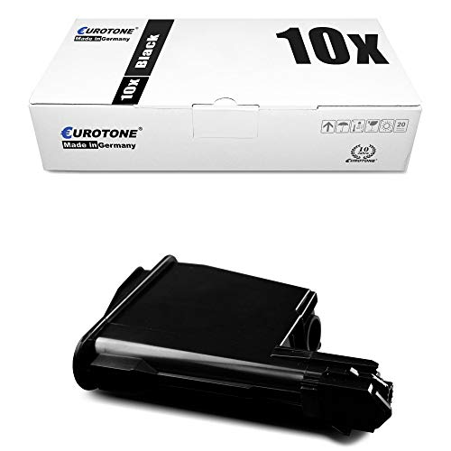 Eine schwarze Tonerkassette liegt vor einer weißen Eurotone-Verpackung mit der Aufschrift 10x Black.