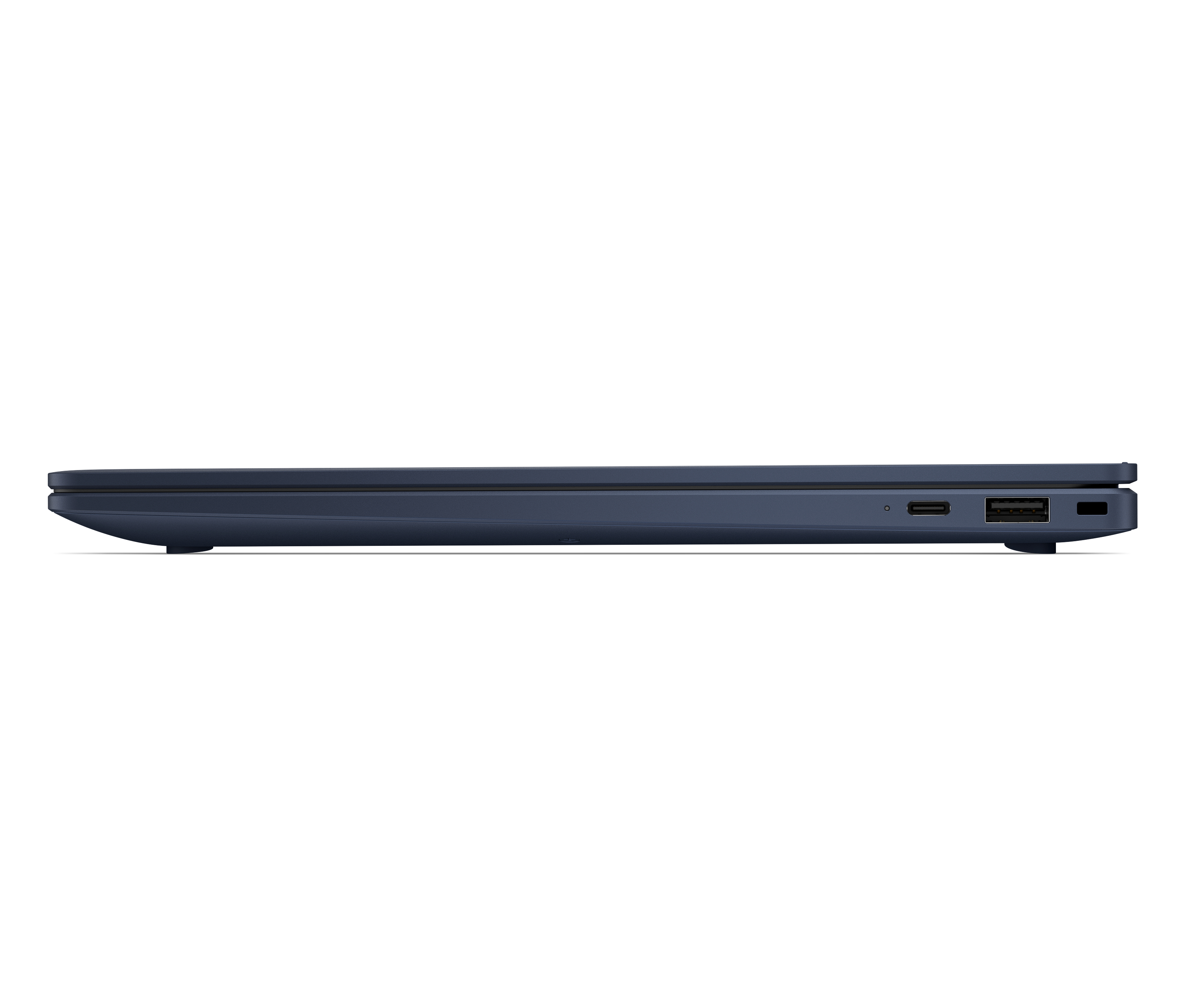 Side profile of a closed blue laptop showing USB and USB-C ports on the right edge.