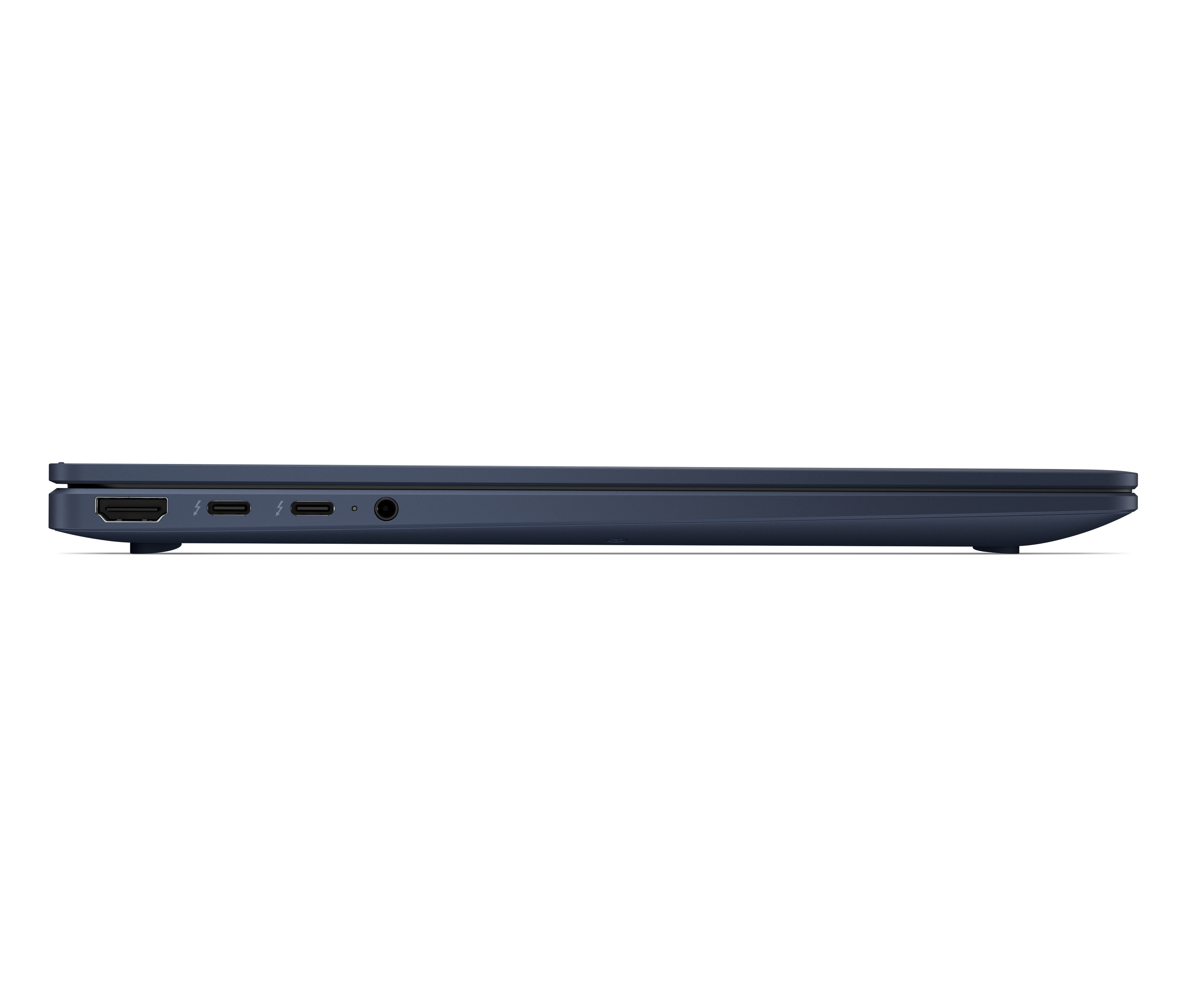 Left side of a closed blue laptop featuring an HDMI port, two USB-C ports, and an audio jack on a white background.