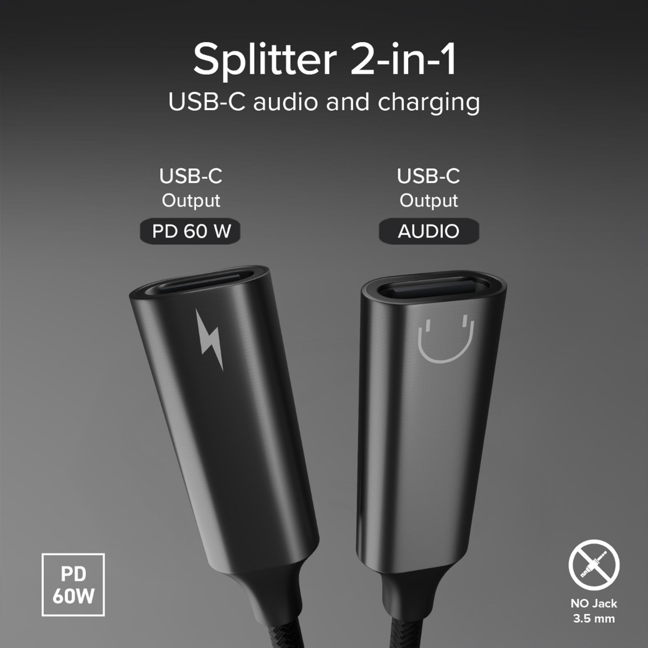 Un divisor de audio y carga USB-C 2 en 1 que muestra dos puertos para PD 60W y audio sobre fondo gris.
